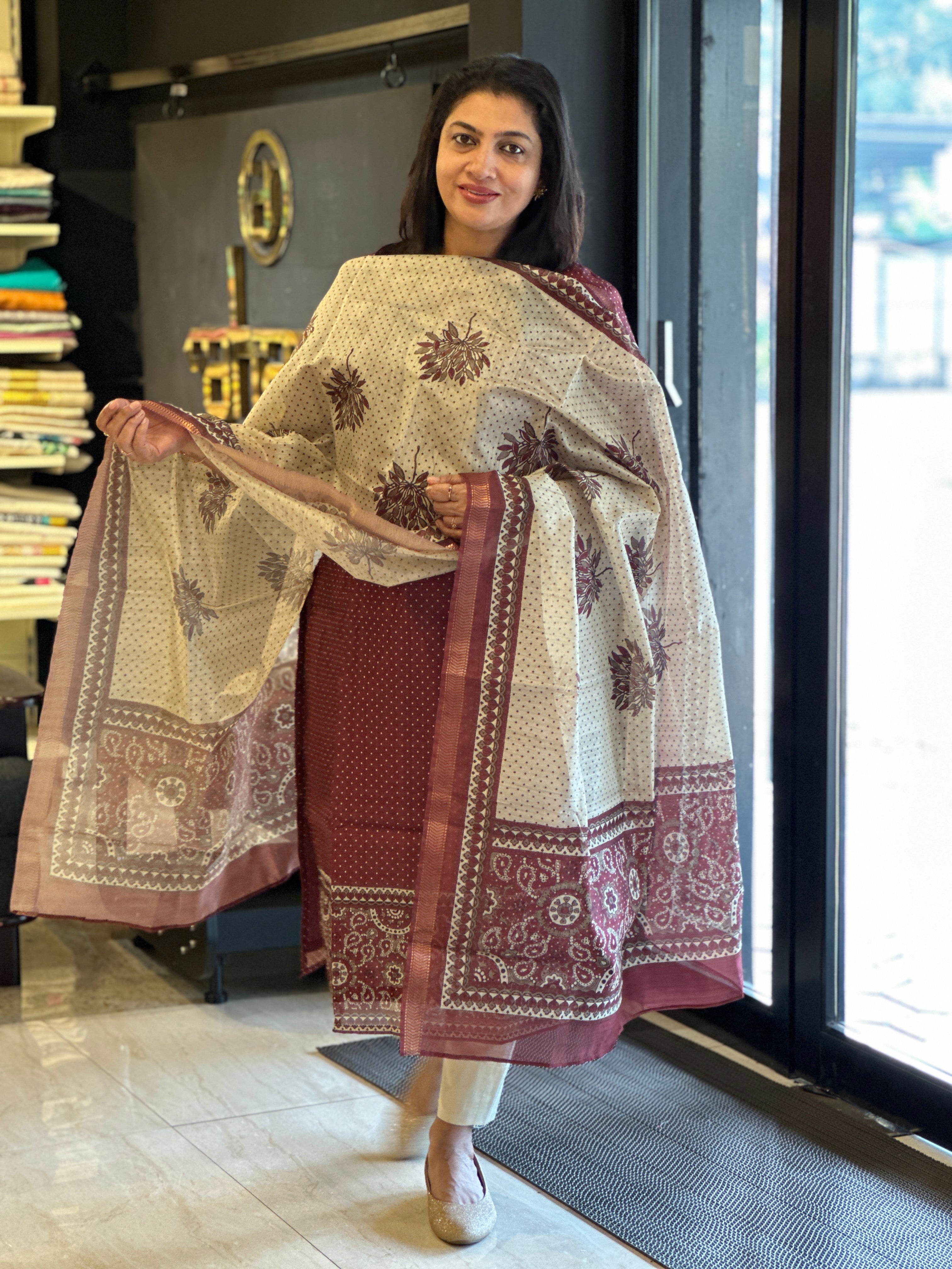 Floral Printed Semi Tussar Salwar Set (Without Bottom) | SSN422