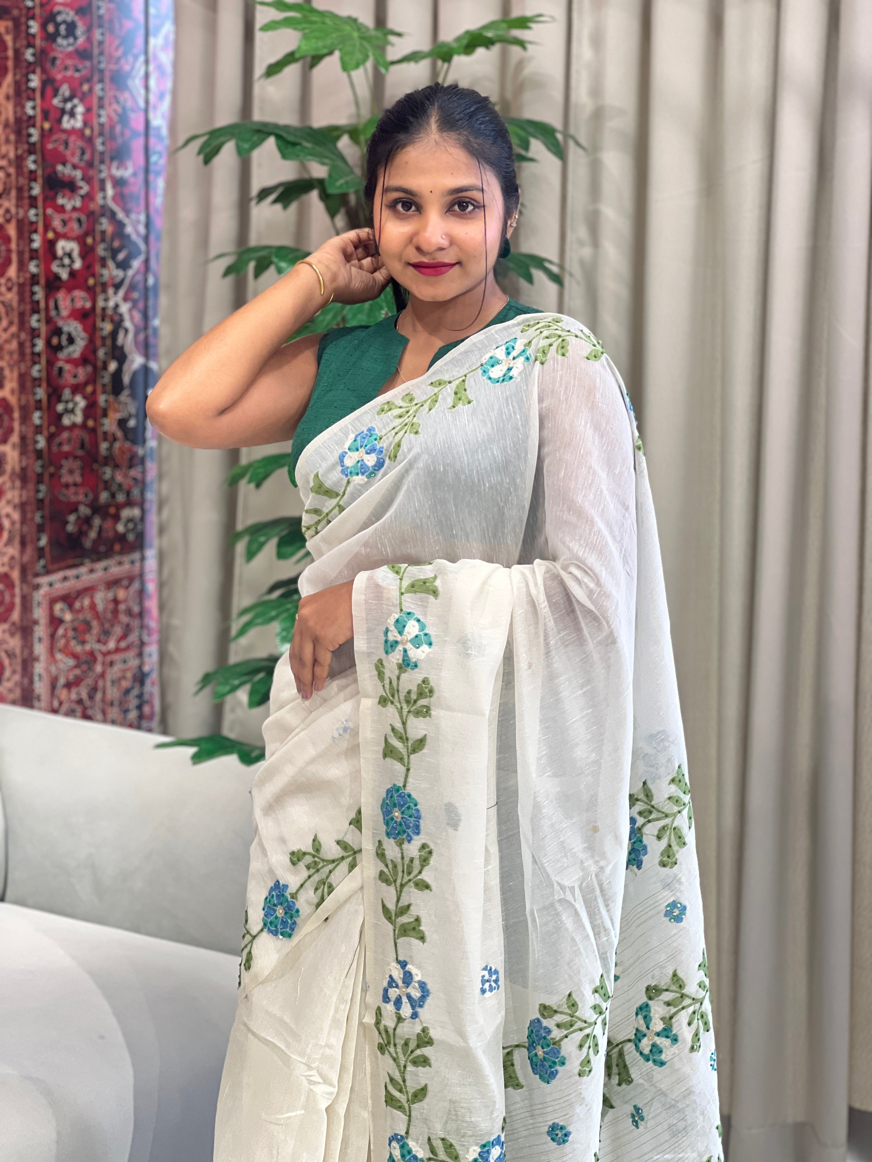 Floral Jamdani Weaved Chanderi Saree | BLD1724