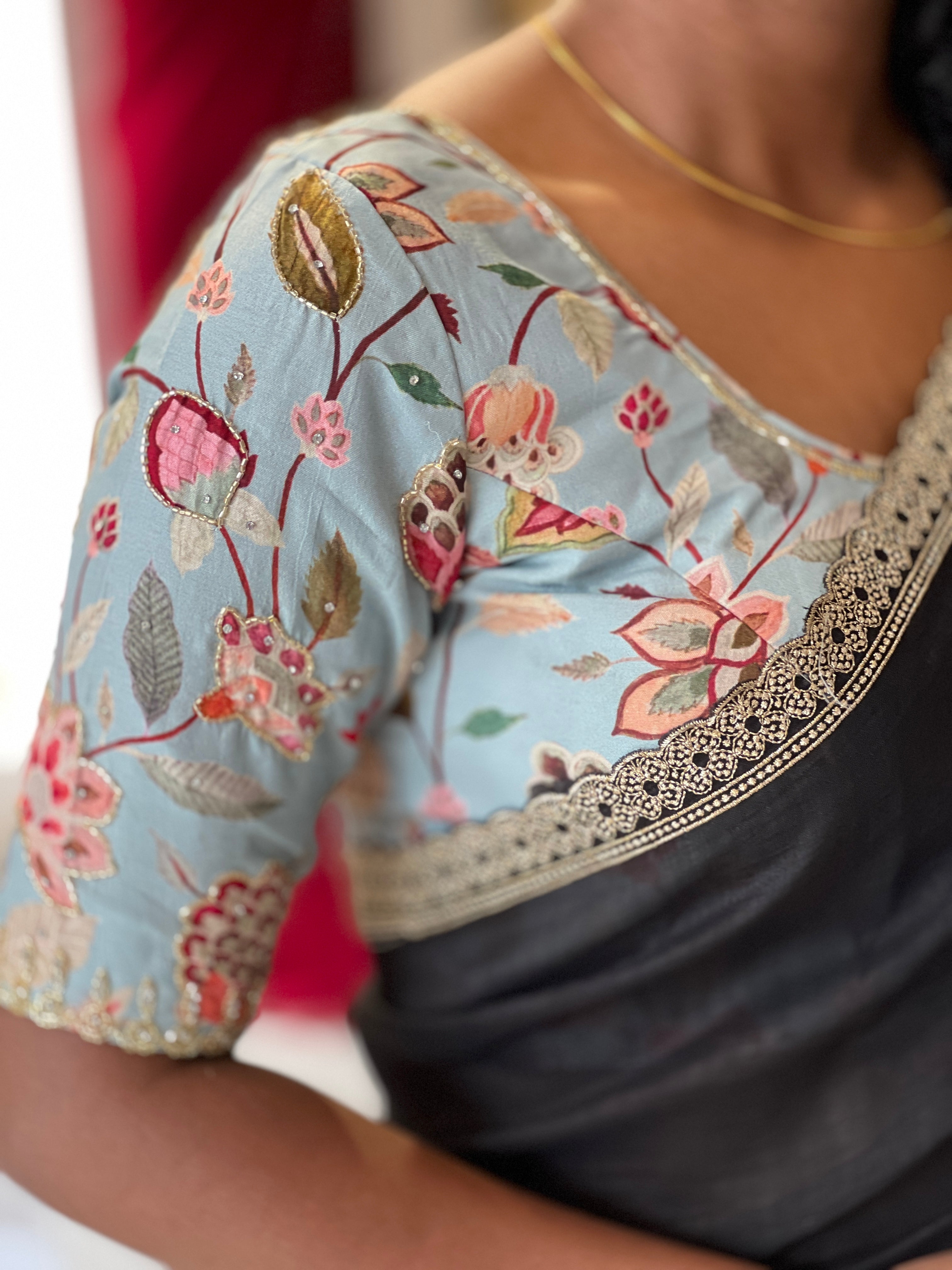 Digital Print With Embroidery Highlighted Silk Blend Stitched Blouse | IT177