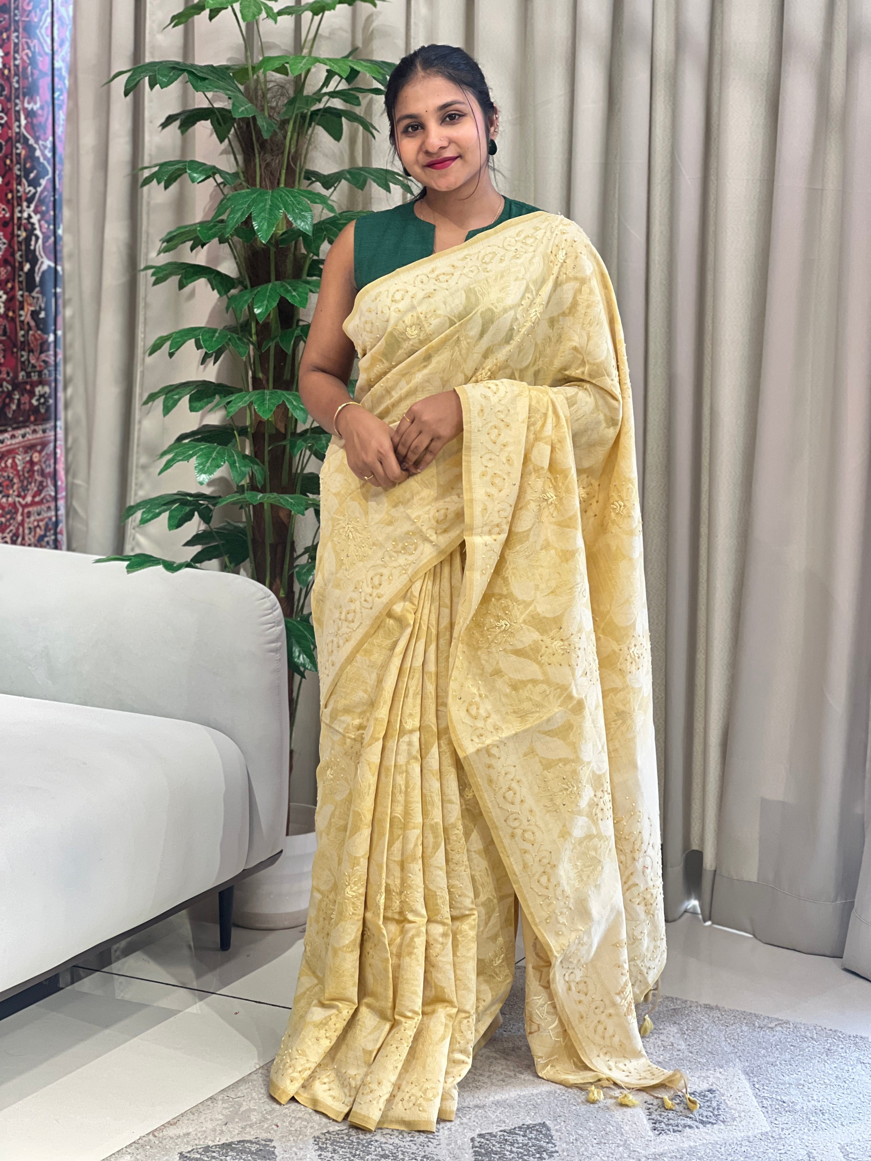 Jamdani Weaved Chanderi Finish Saree | BLD1733