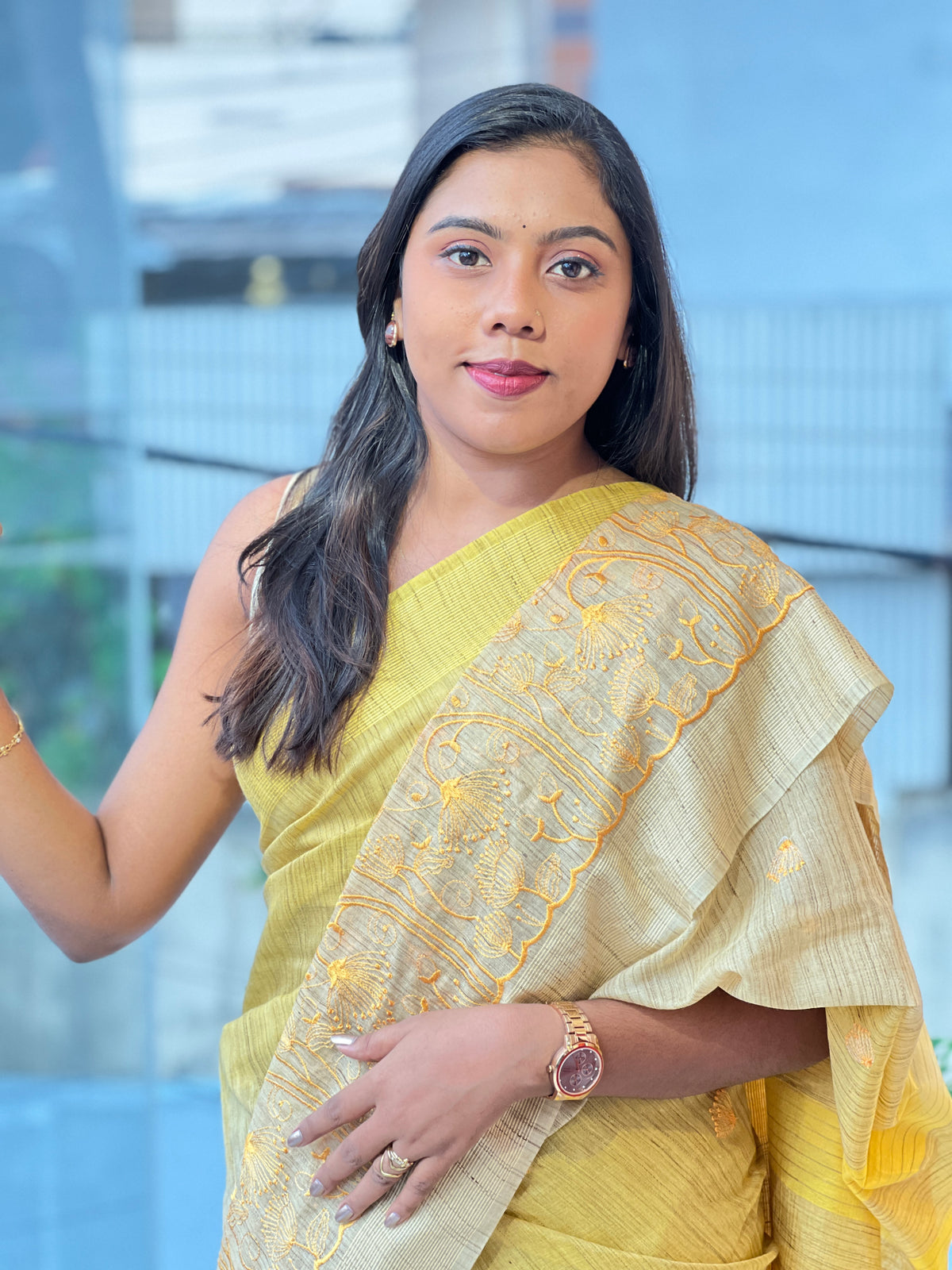 Machine Embroidery Bhagalpuri Linen Saree | NHH708