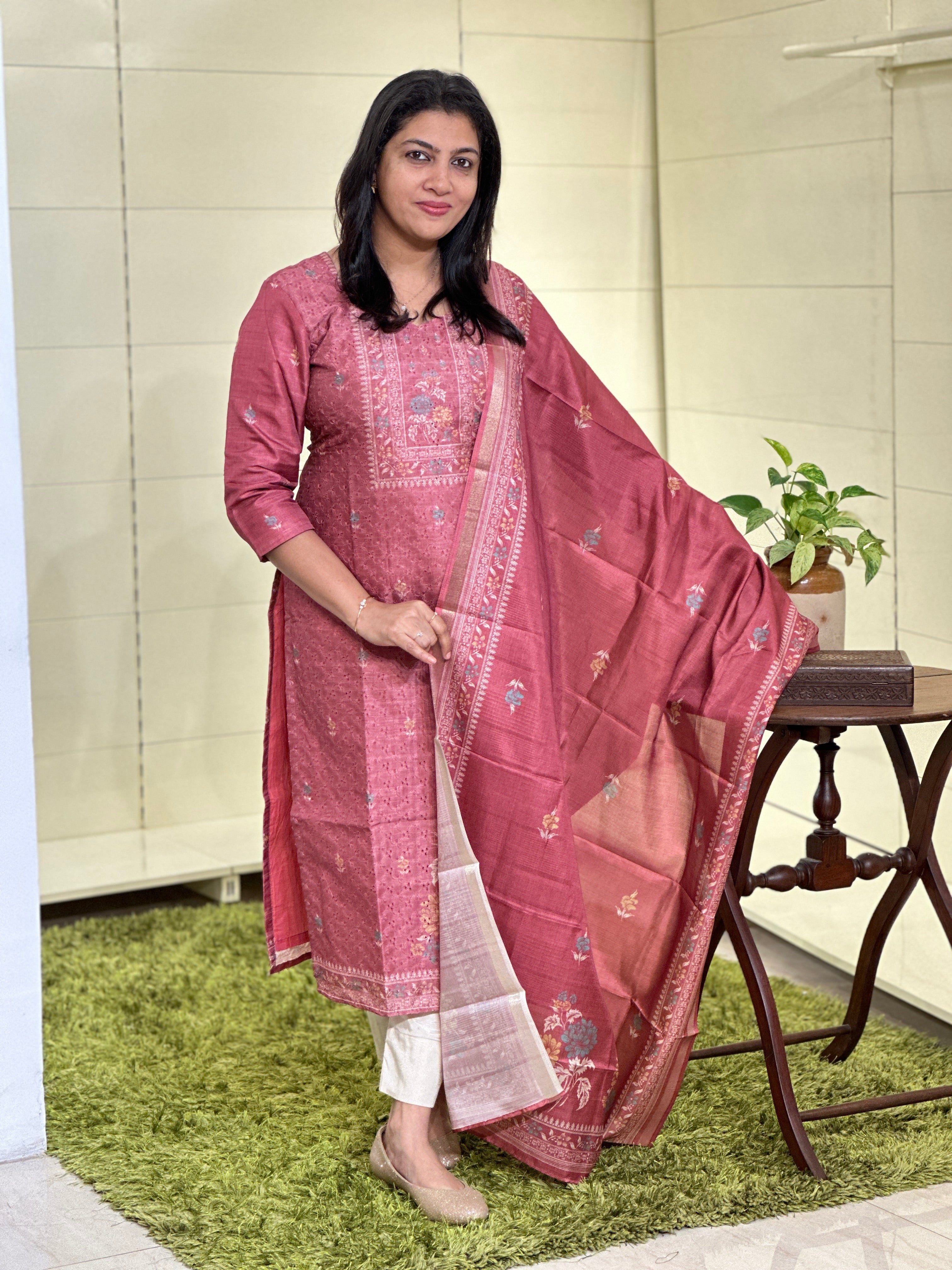 Hakoba & Floral Digital Printed Semi Tussar Salwar Set (Without Bottom) | SSN416