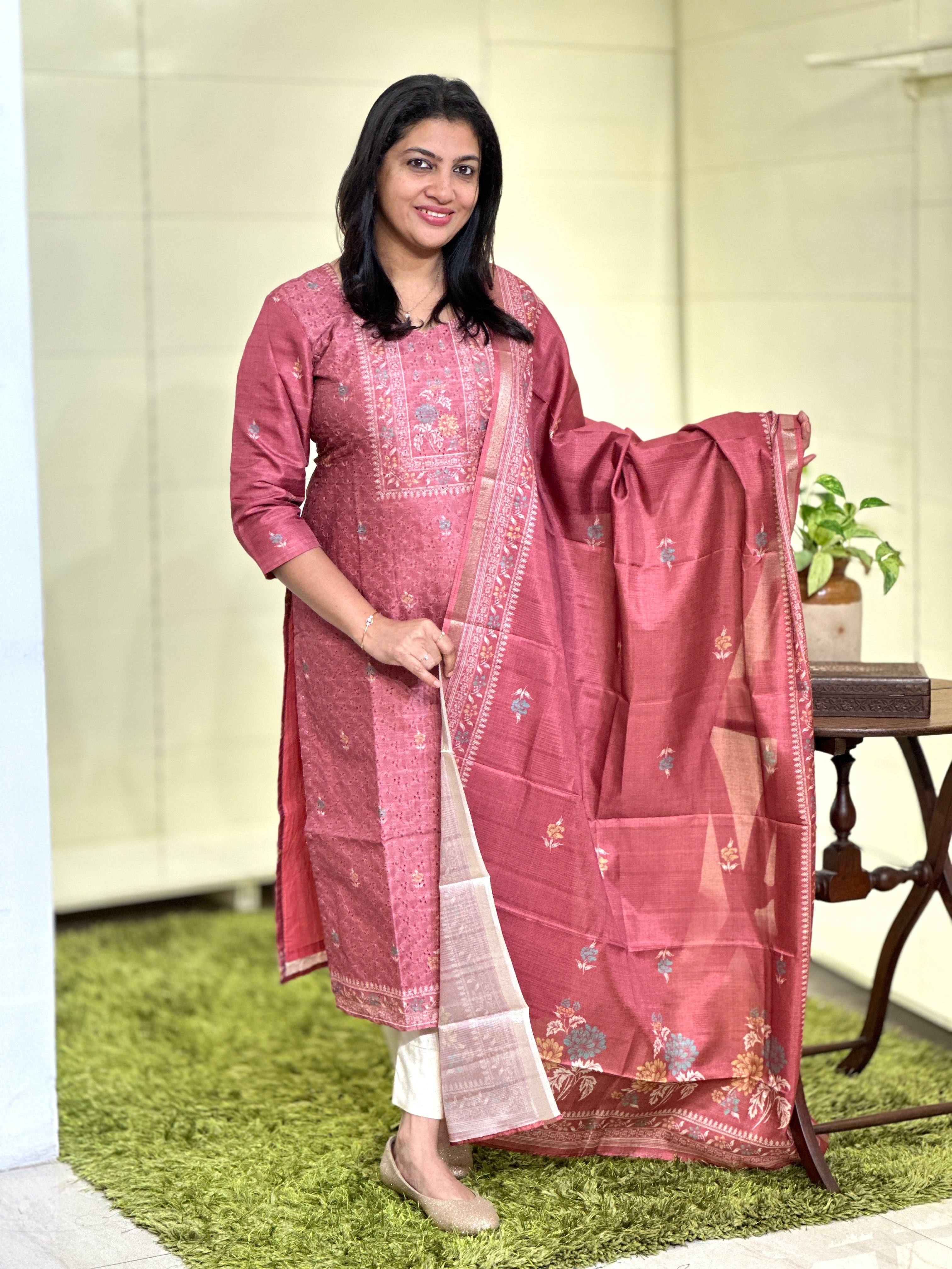 Hakoba & Floral Digital Printed Semi Tussar Salwar Set (Without Bottom) | SSN416