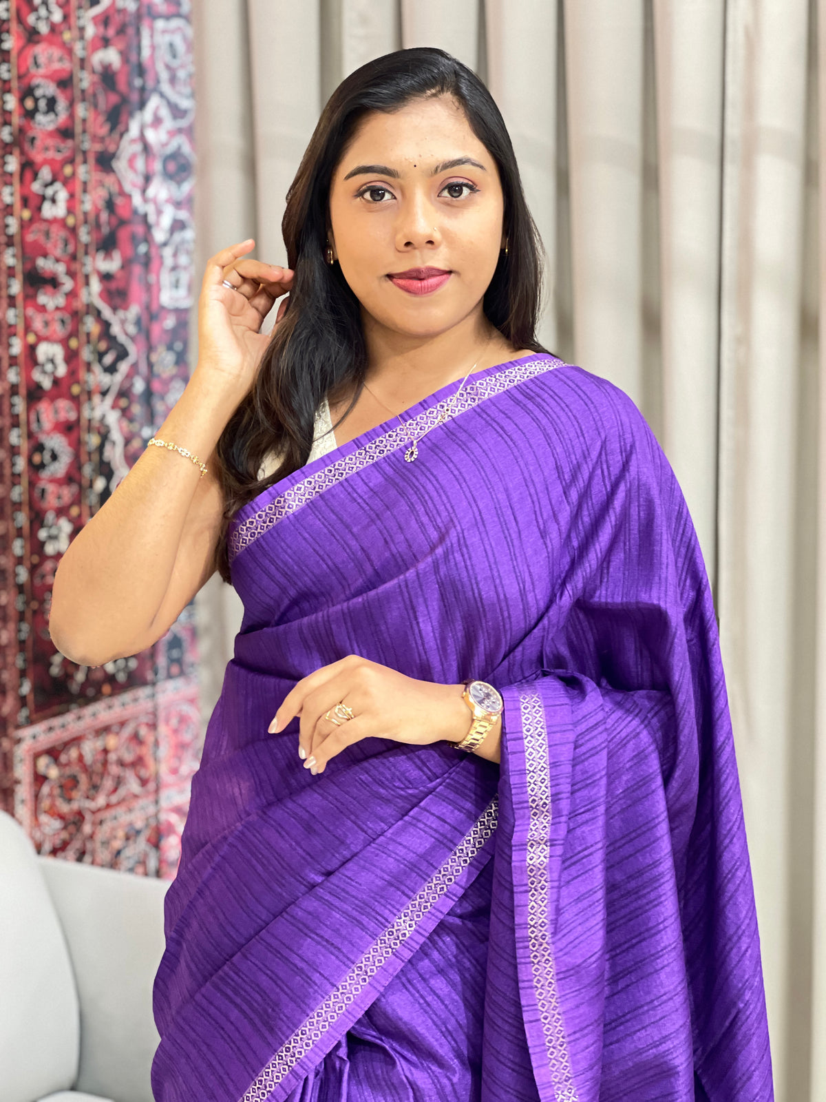 Thin Zari Border Pattern Semi Tussar Saree | ASH103