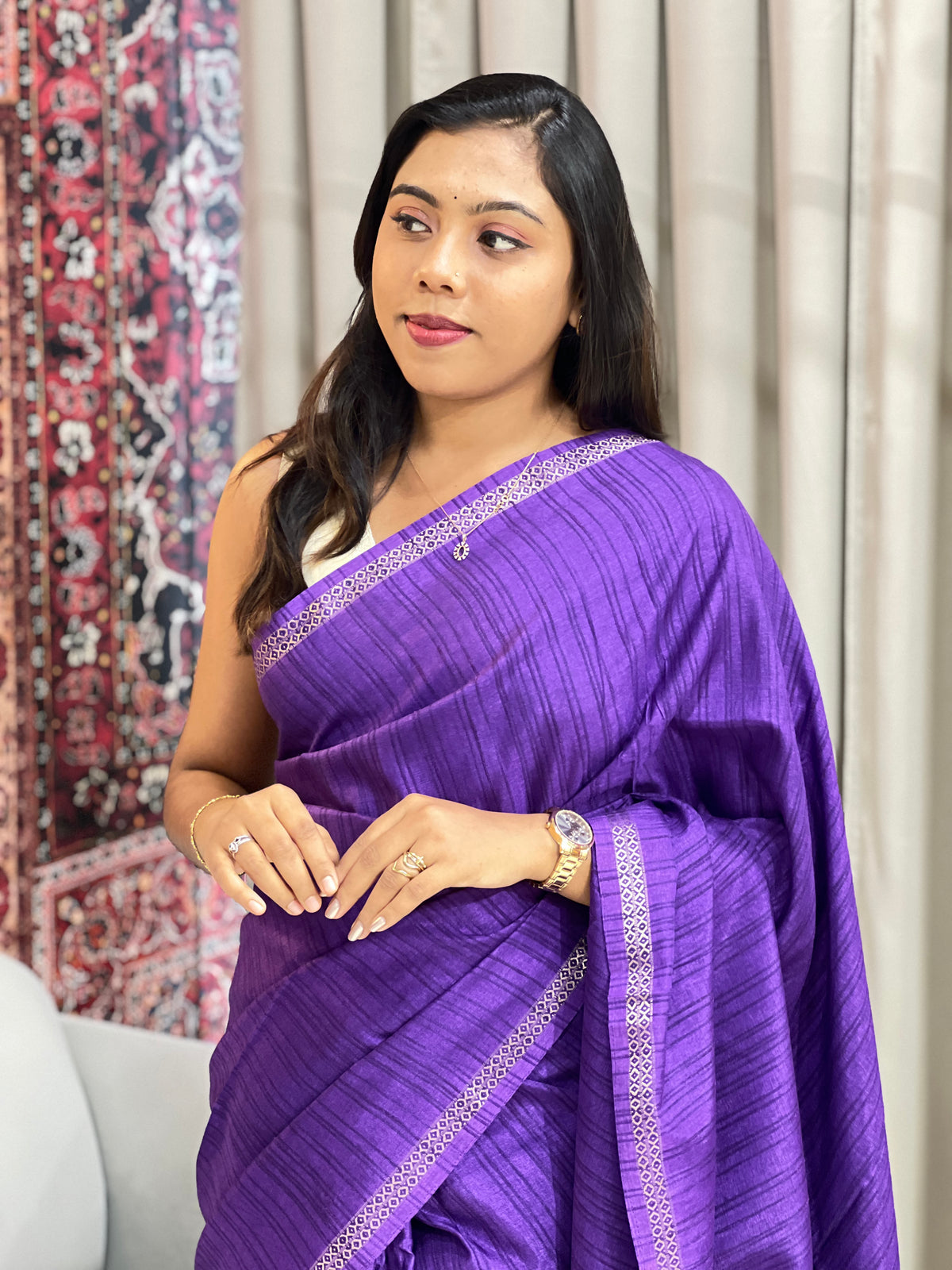 Thin Zari Border Pattern Semi Tussar Saree | ASH103