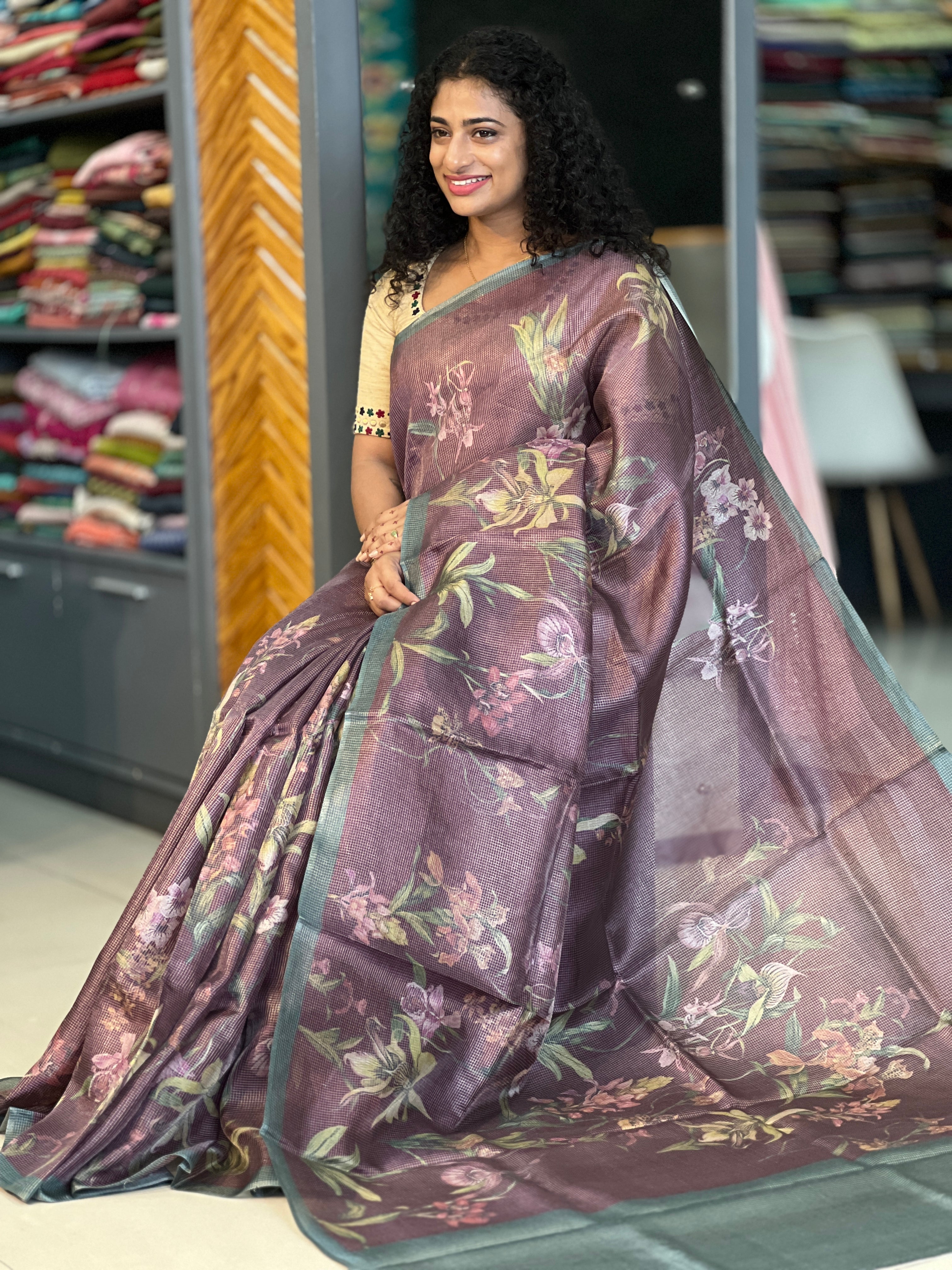 Floral Printed Tissue Tussar Saree | YNG340
