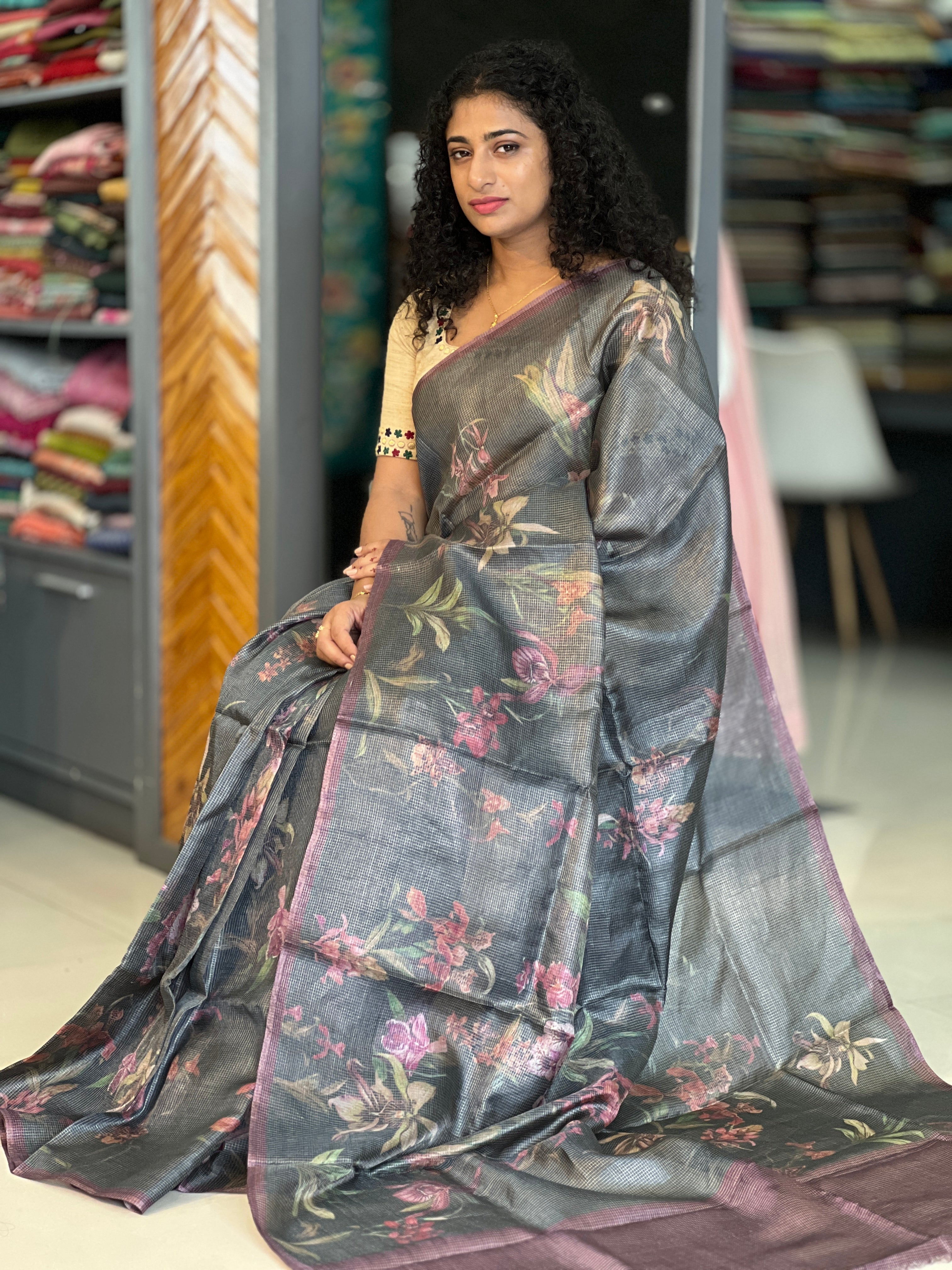 Floral Printed Tissue Tussar Saree | YNG339