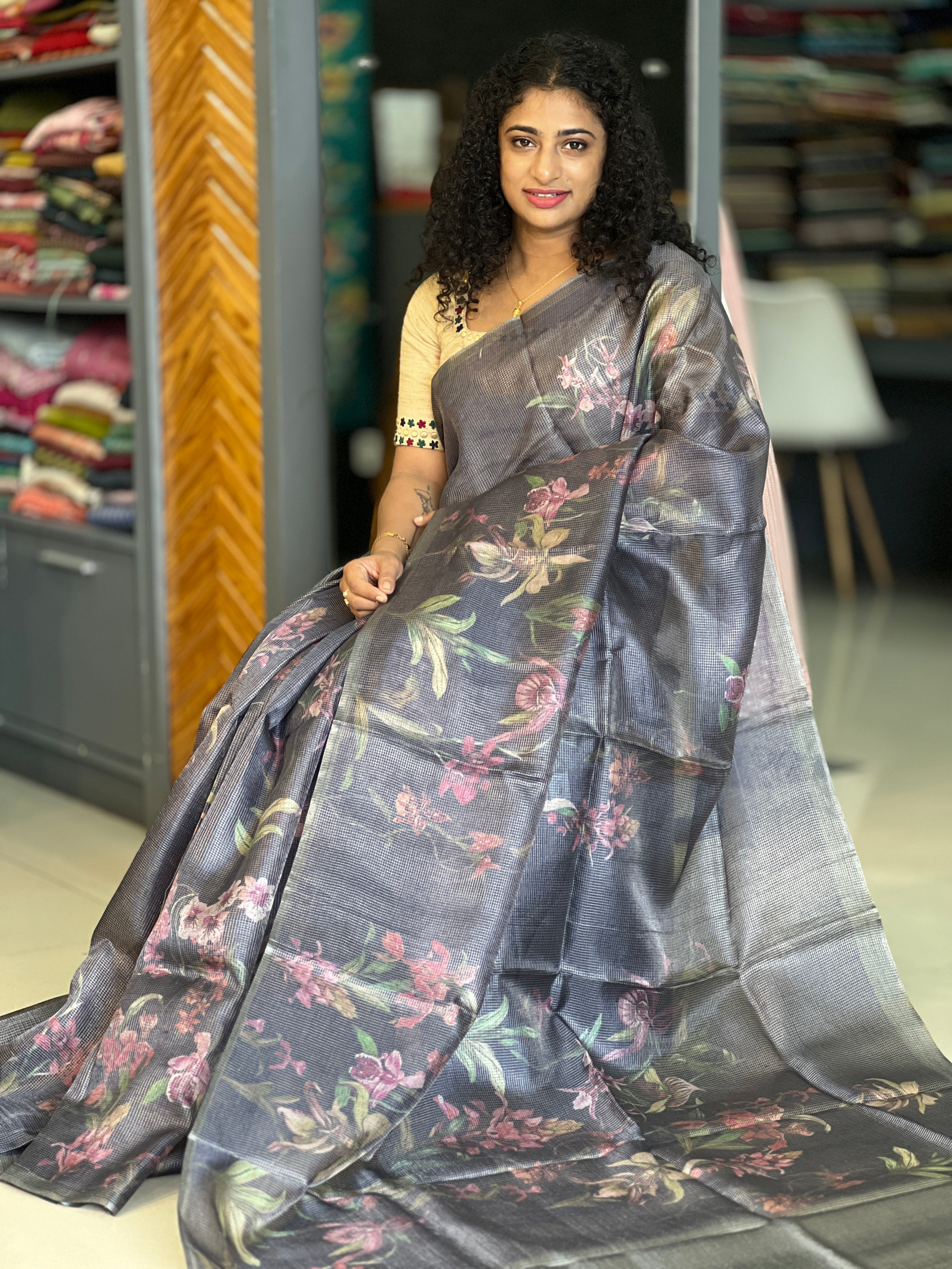 Floral Printed Tissue Tussar Saree | YNG342