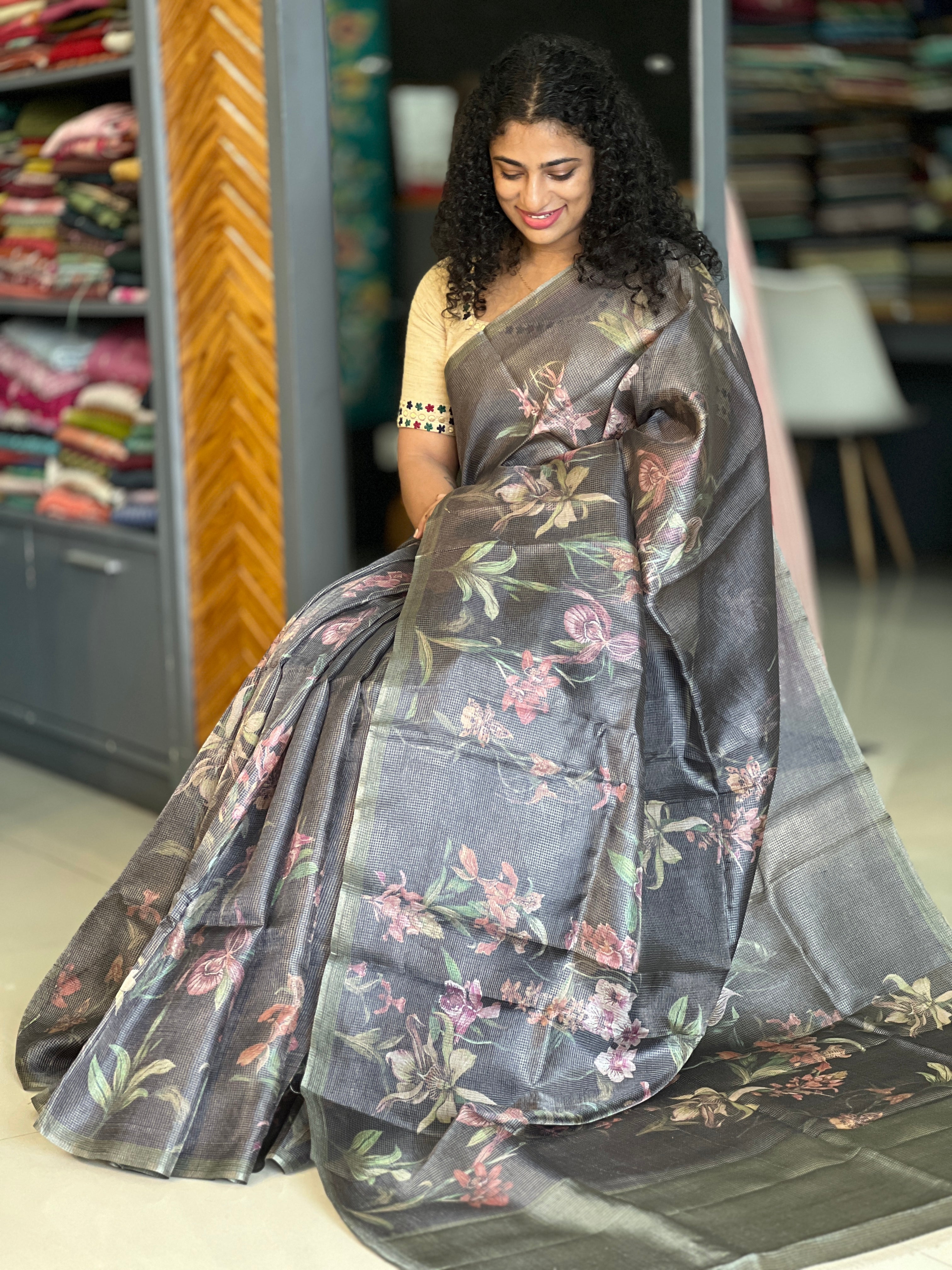 Floral Printed Tissue Tussar Saree | YNG341