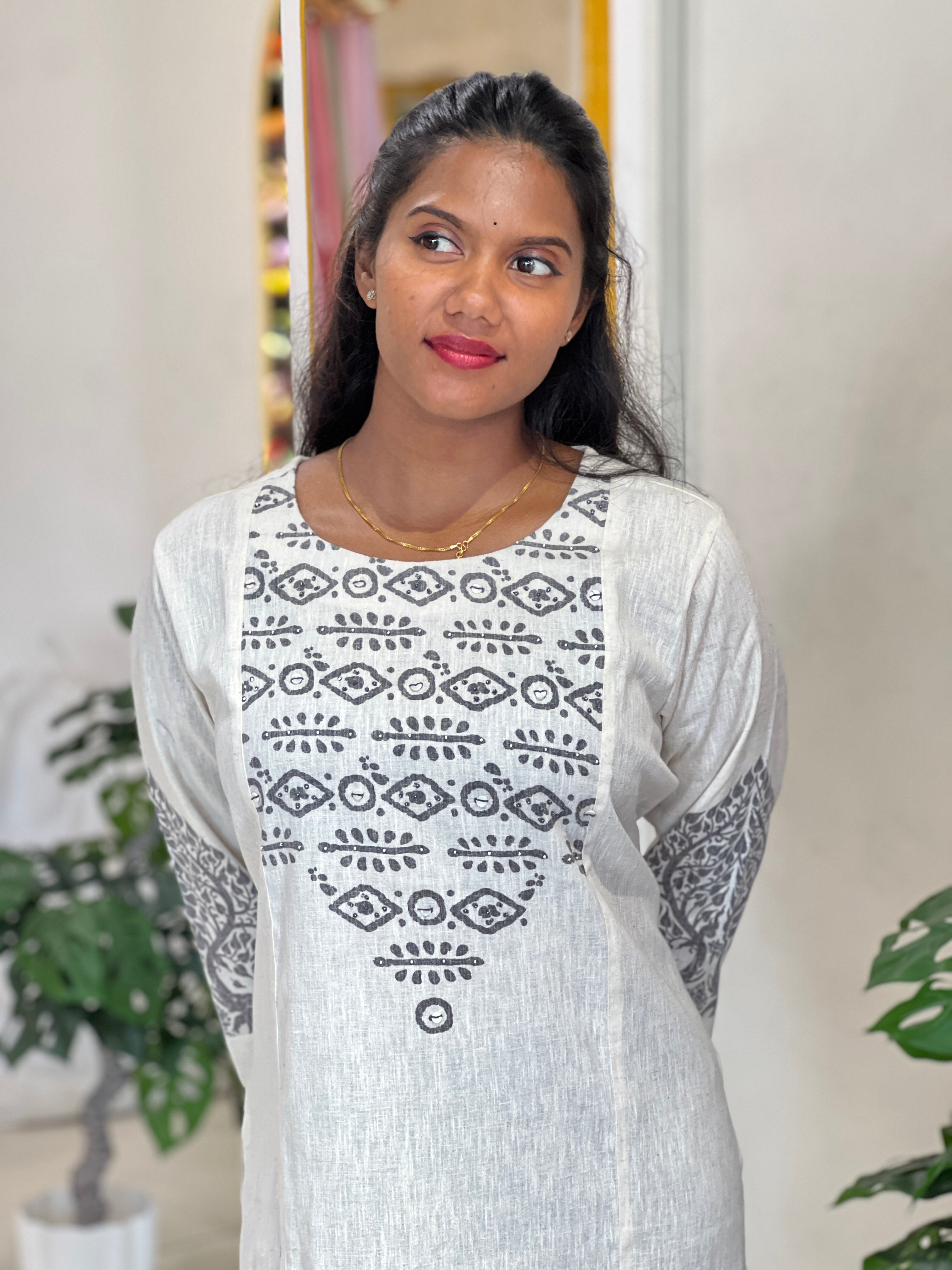 Printed Bead Detailed Kora Cotton Kurta | PGI156