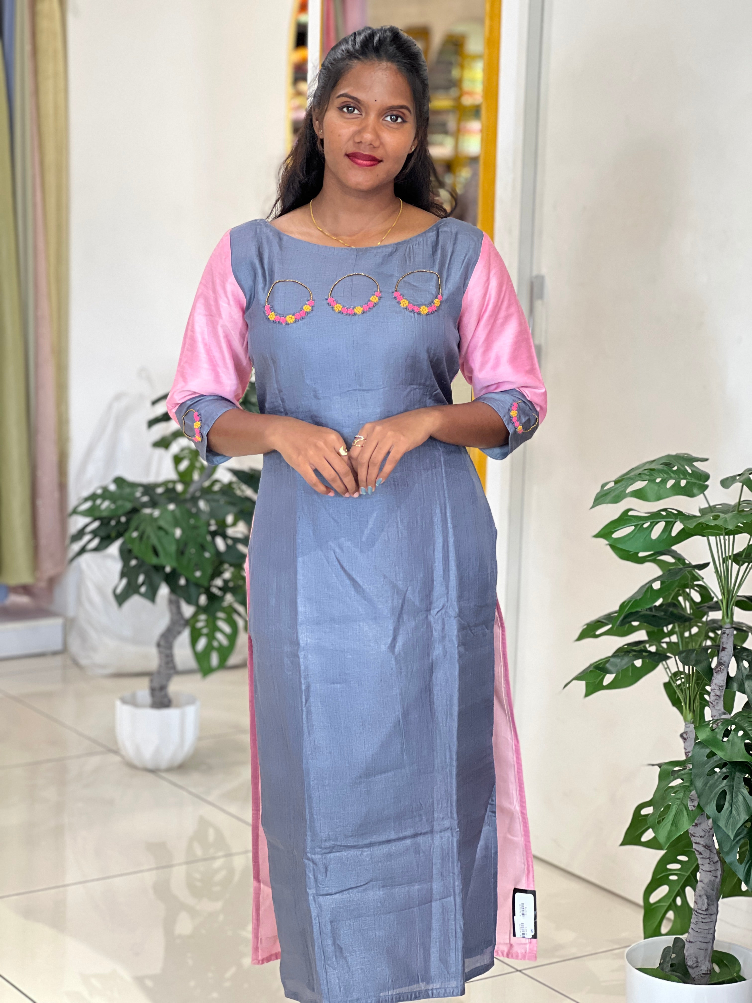 Hand Embroidery Semi Tussar Kurta | DNT547