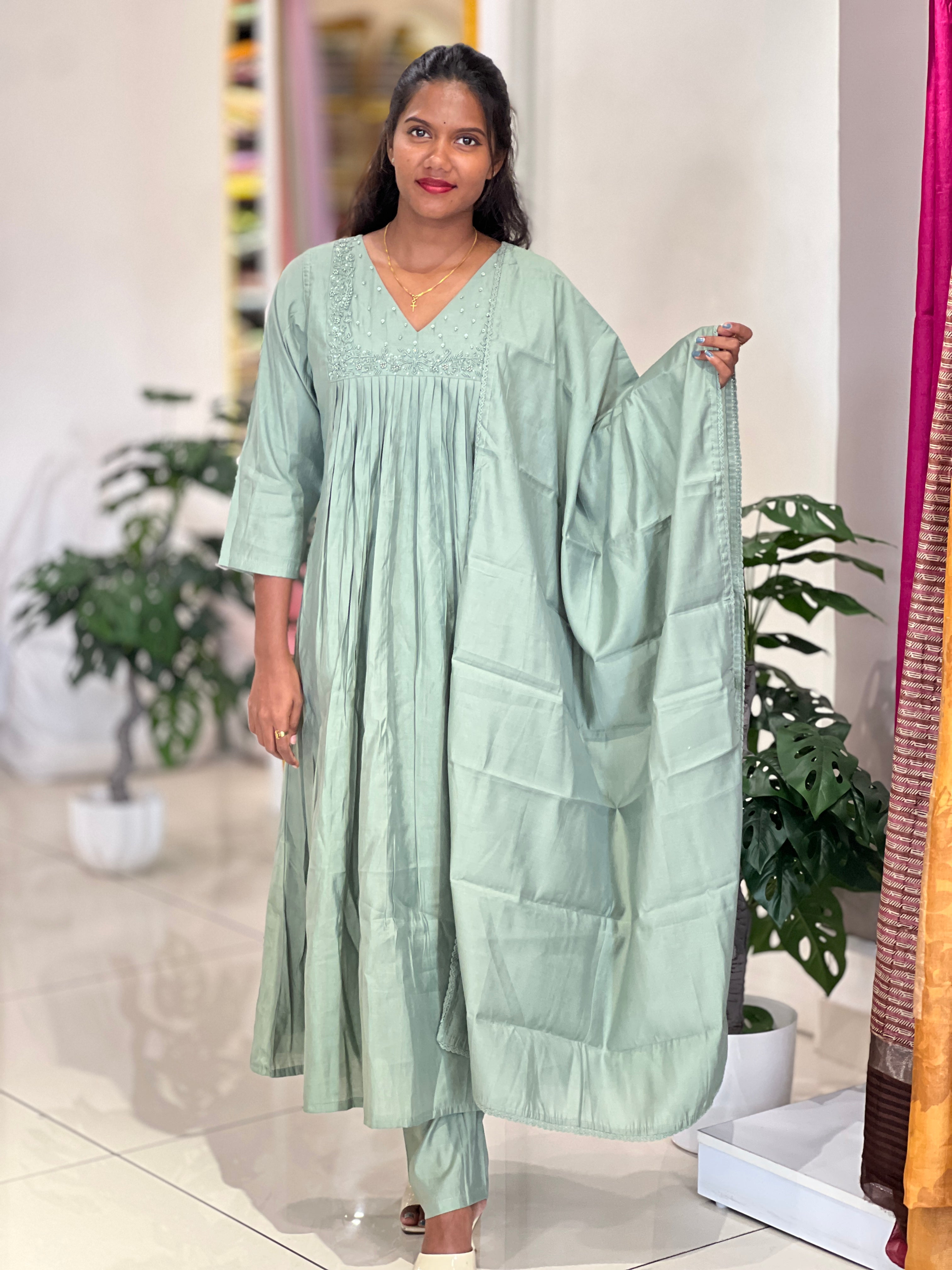 Sugar Beads & Thread Embroidered Semi Tussar Kurta Set | SLM137