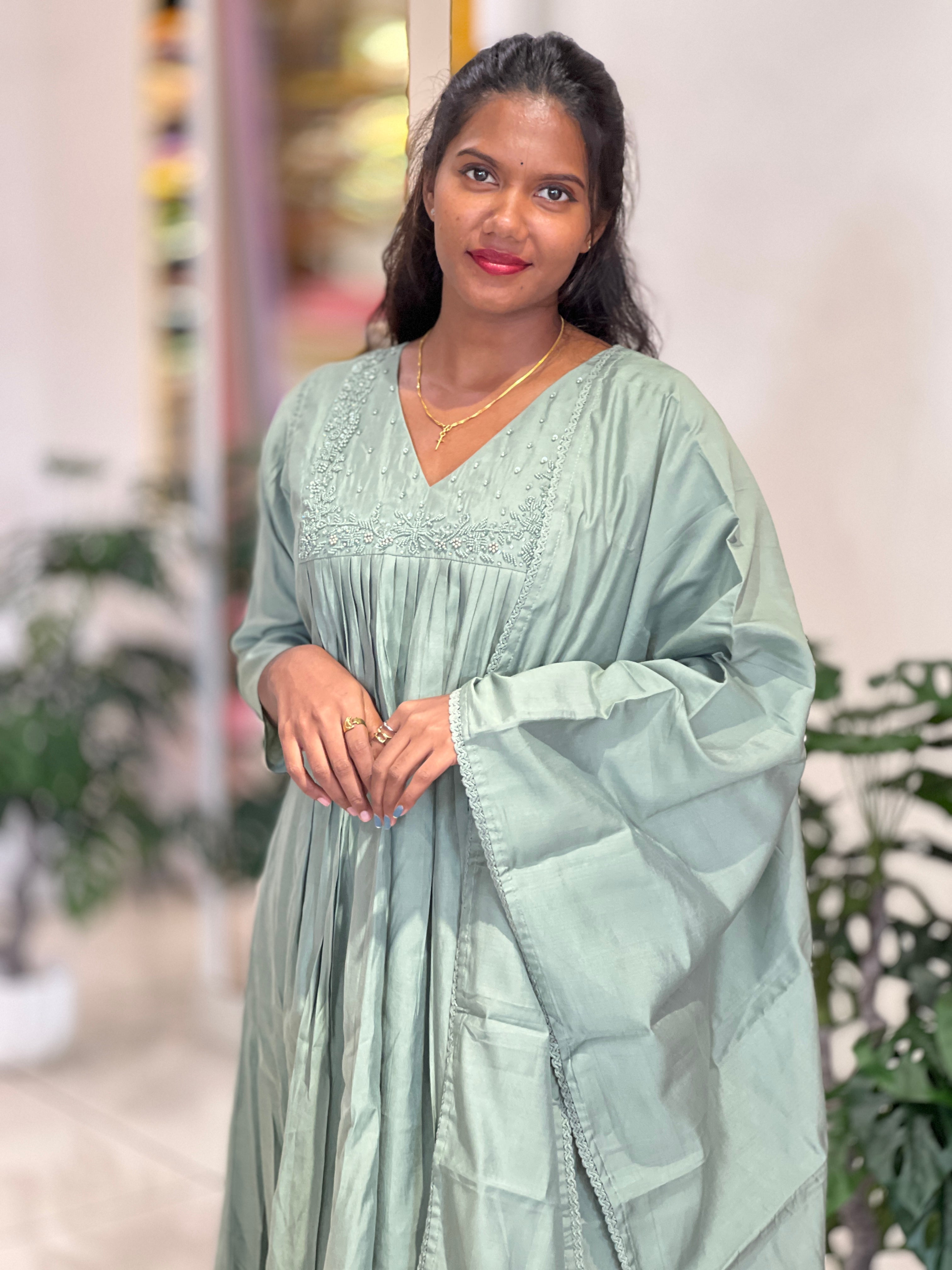 Sugar Beads & Thread Embroidered Semi Tussar Kurta Set | SLM137