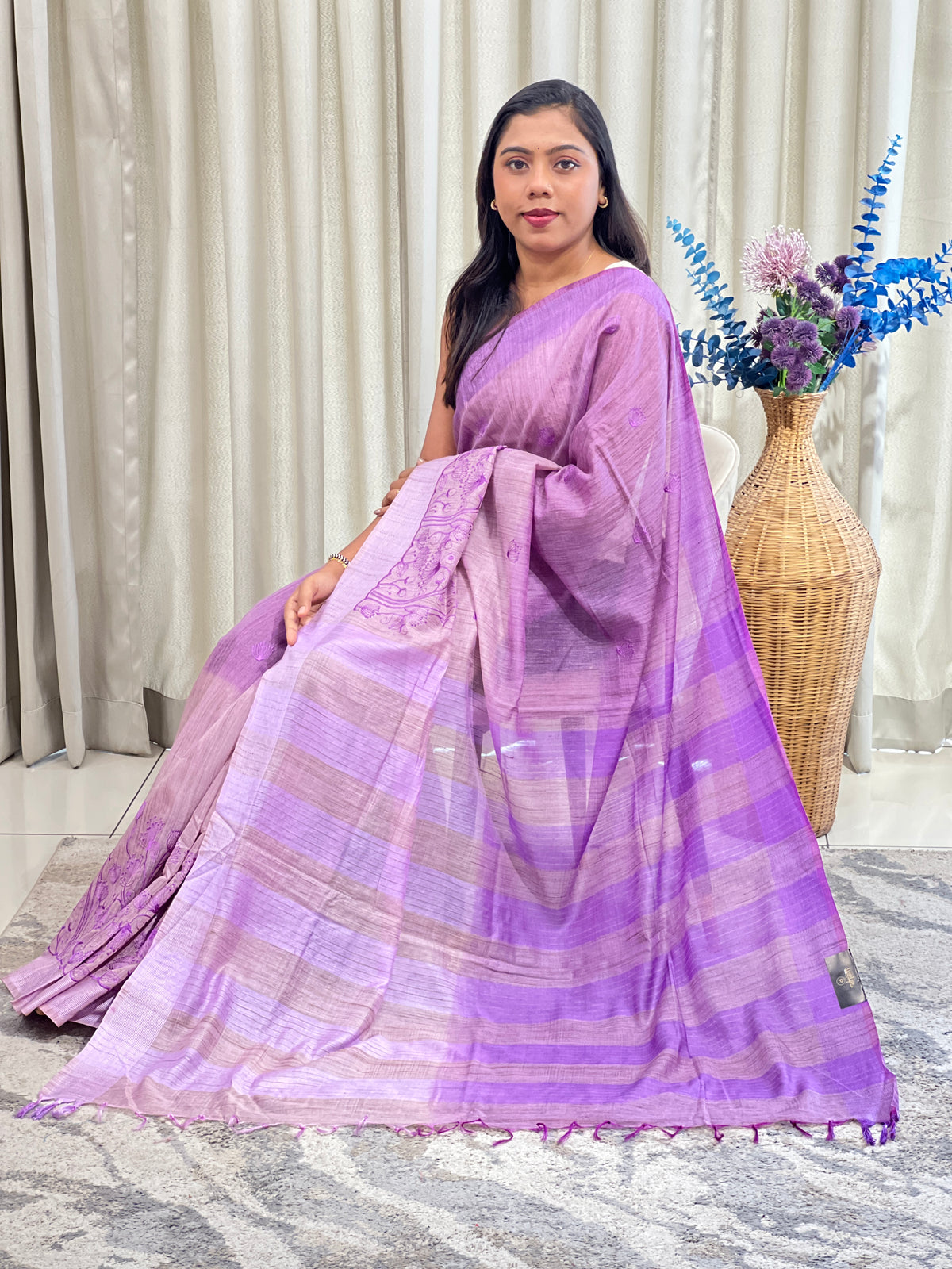 Machine Embroidery Bhagalpuri Linen Saree | NHH707