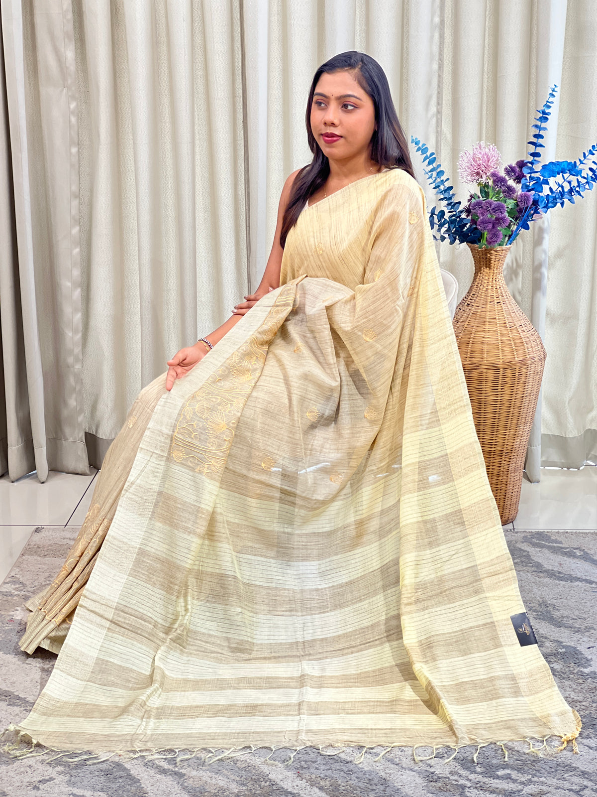 Machine Embroidery Bhagalpuri Linen Saree | NHH706