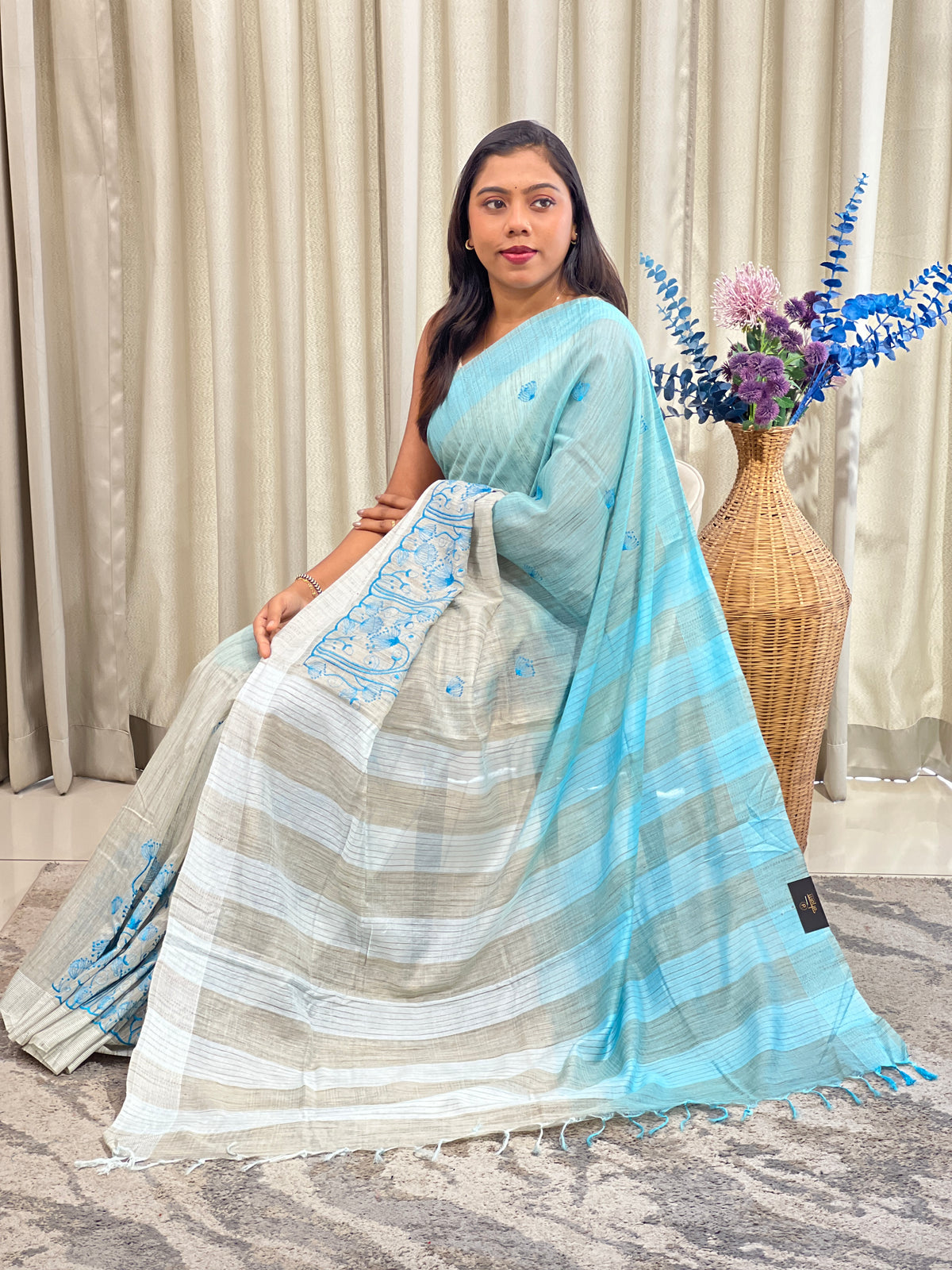 Machine Embroidery Bhagalpuri Linen Saree | NHH710