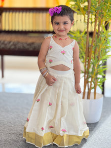 Lotus Embroidered Kerala Cotton Unstitched Skirt & Top | ONK101