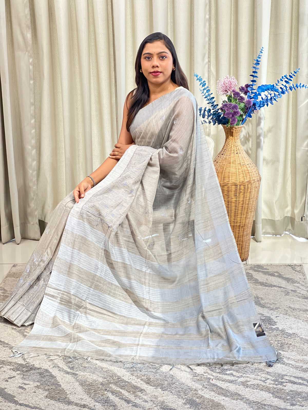 Machine Embroidery Bhagalpuri Linen Saree | NHH709