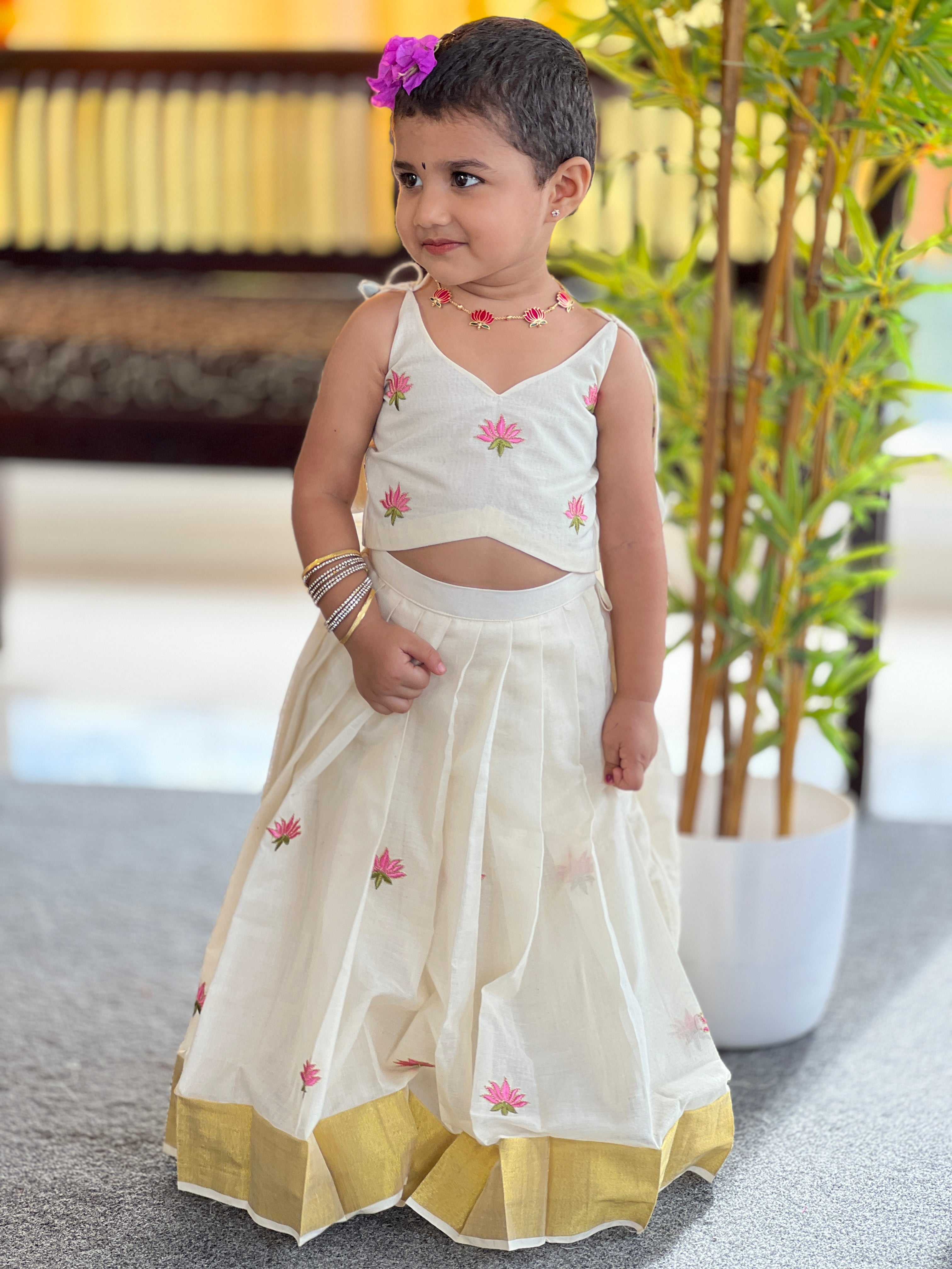 Lotus Embroidered Kerala Cotton Unstitched Skirt & Top | ONK101