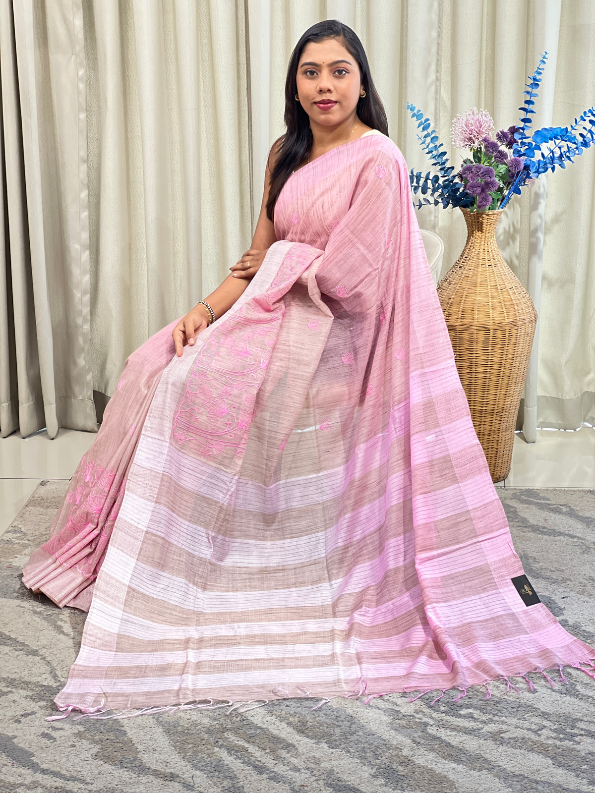 Machine Embroidery Bhagalpuri Linen Saree | NHH705