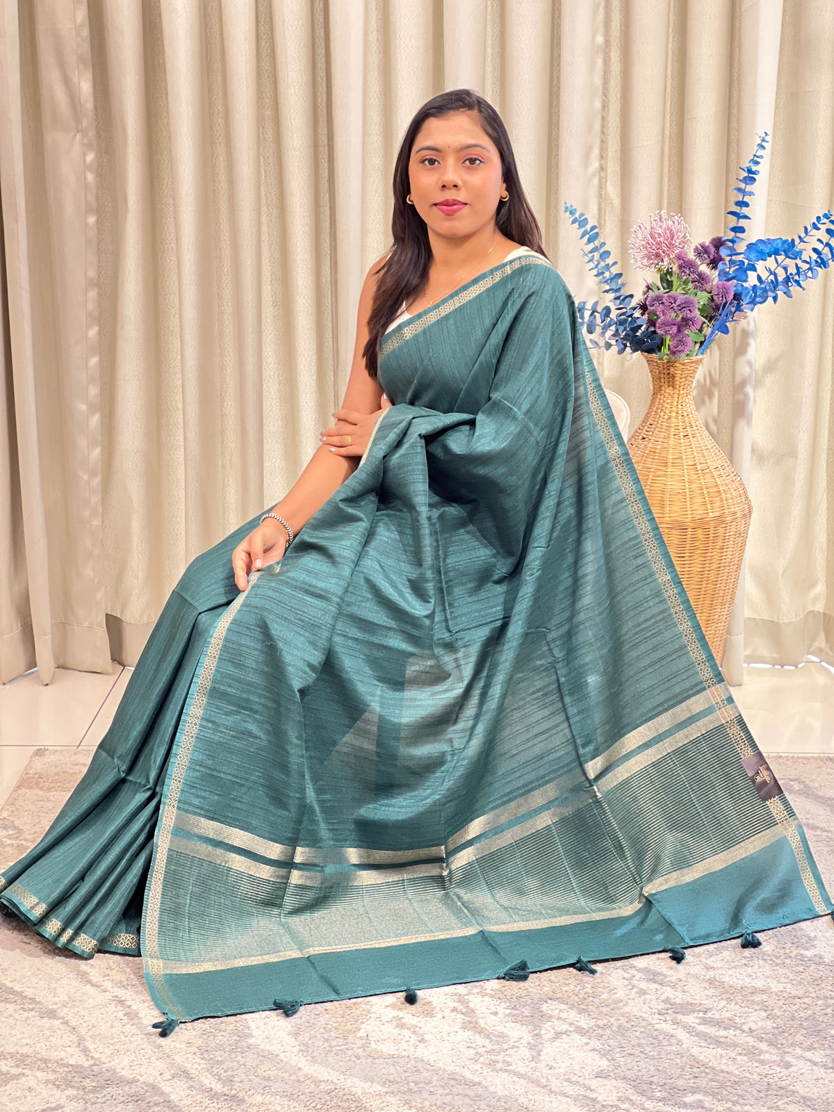 Thin Zari Border Pattern Semi Tussar Saree | ASH102