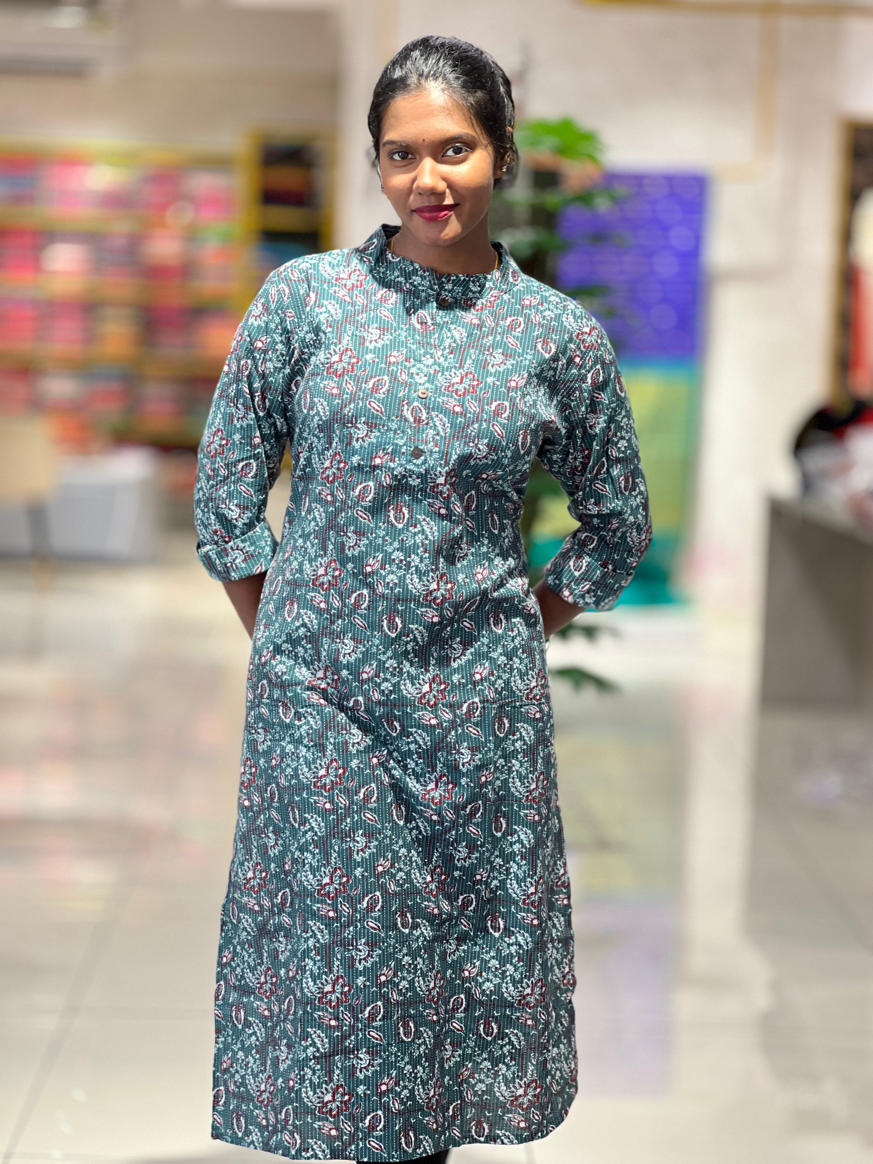 Floral Print With Kantha Detailed Cotton Kurta | EA108