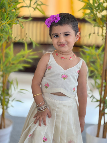 Lotus Embroidered Kerala Cotton Unstitched Skirt & Top | ONK101