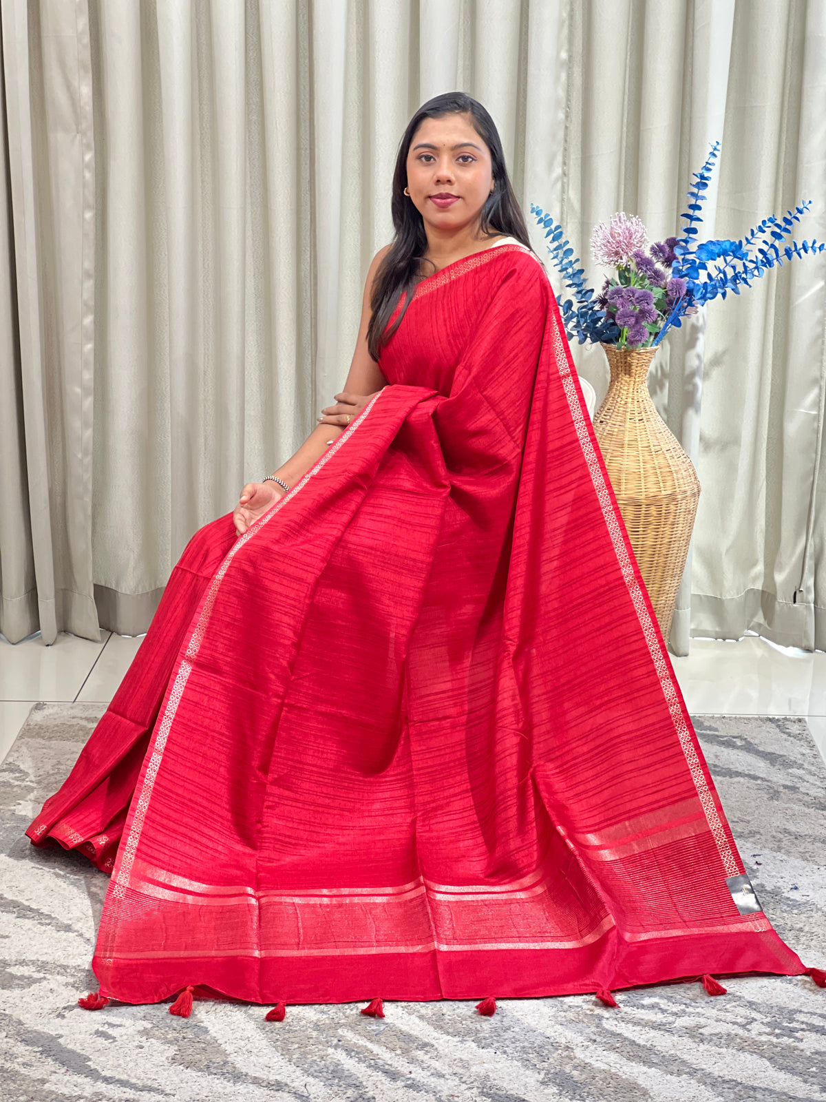 Thin Zari Border Pattern Semi Tussar Saree | ASH105