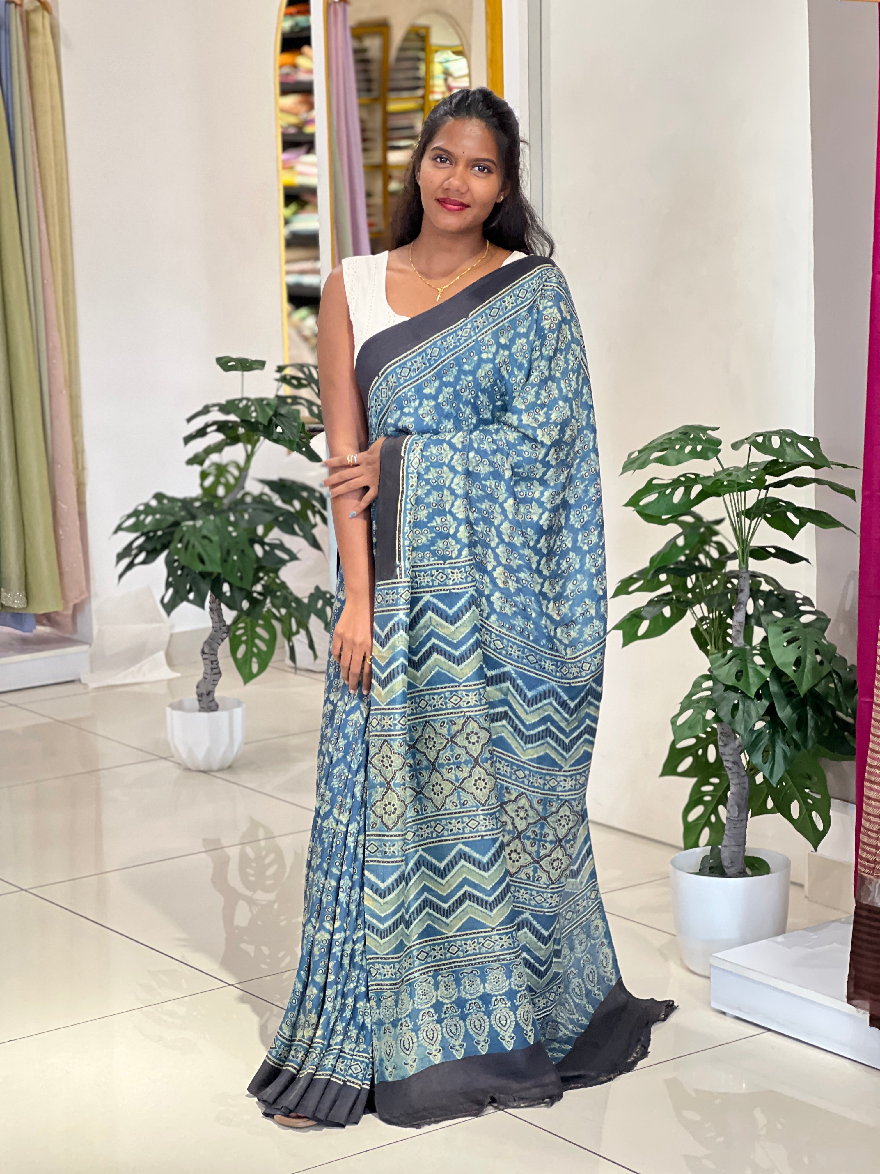 Ajrakh & Block Print Pure Tussar Saree |SBS1371