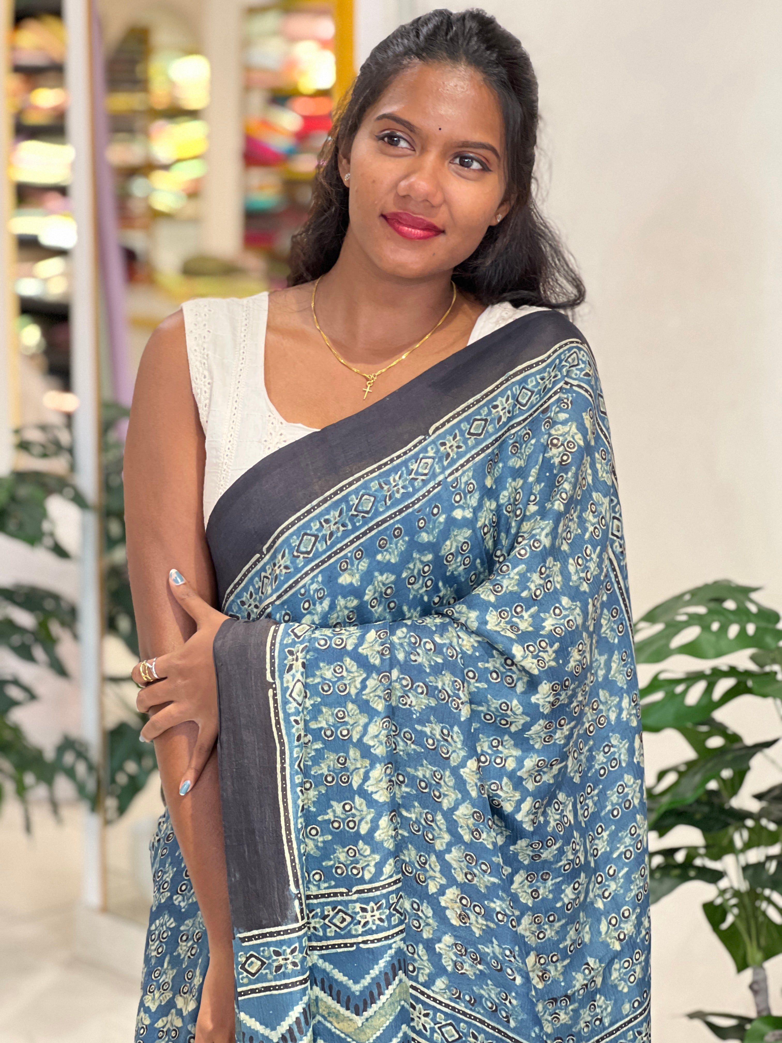 Ajrakh & Block Print Pure Tussar Saree |SBS1371