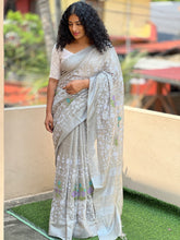Floral Jaal Embroidery Design Bhagalpuri Linen Saree | NHH219