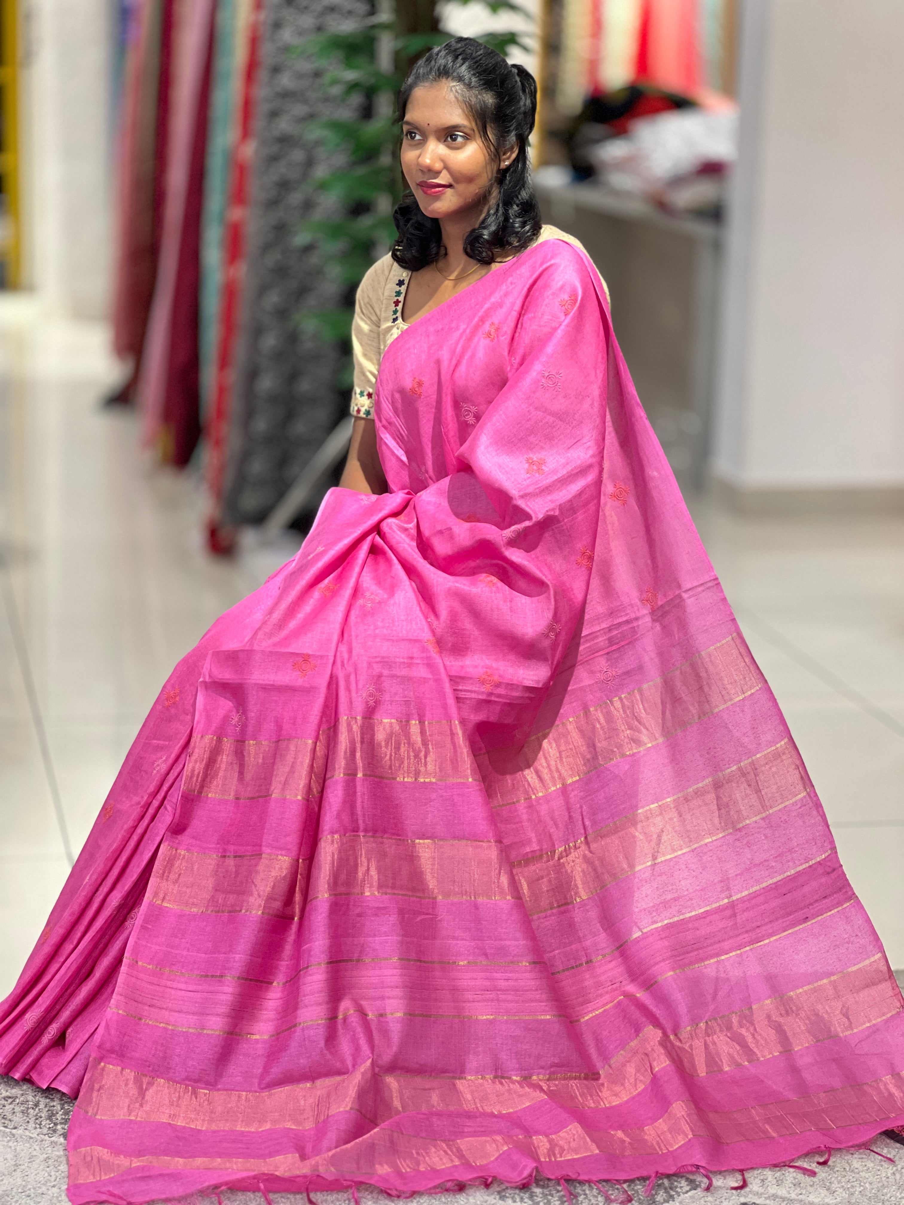 Machine Embroidered Tussar Saree | MNH157