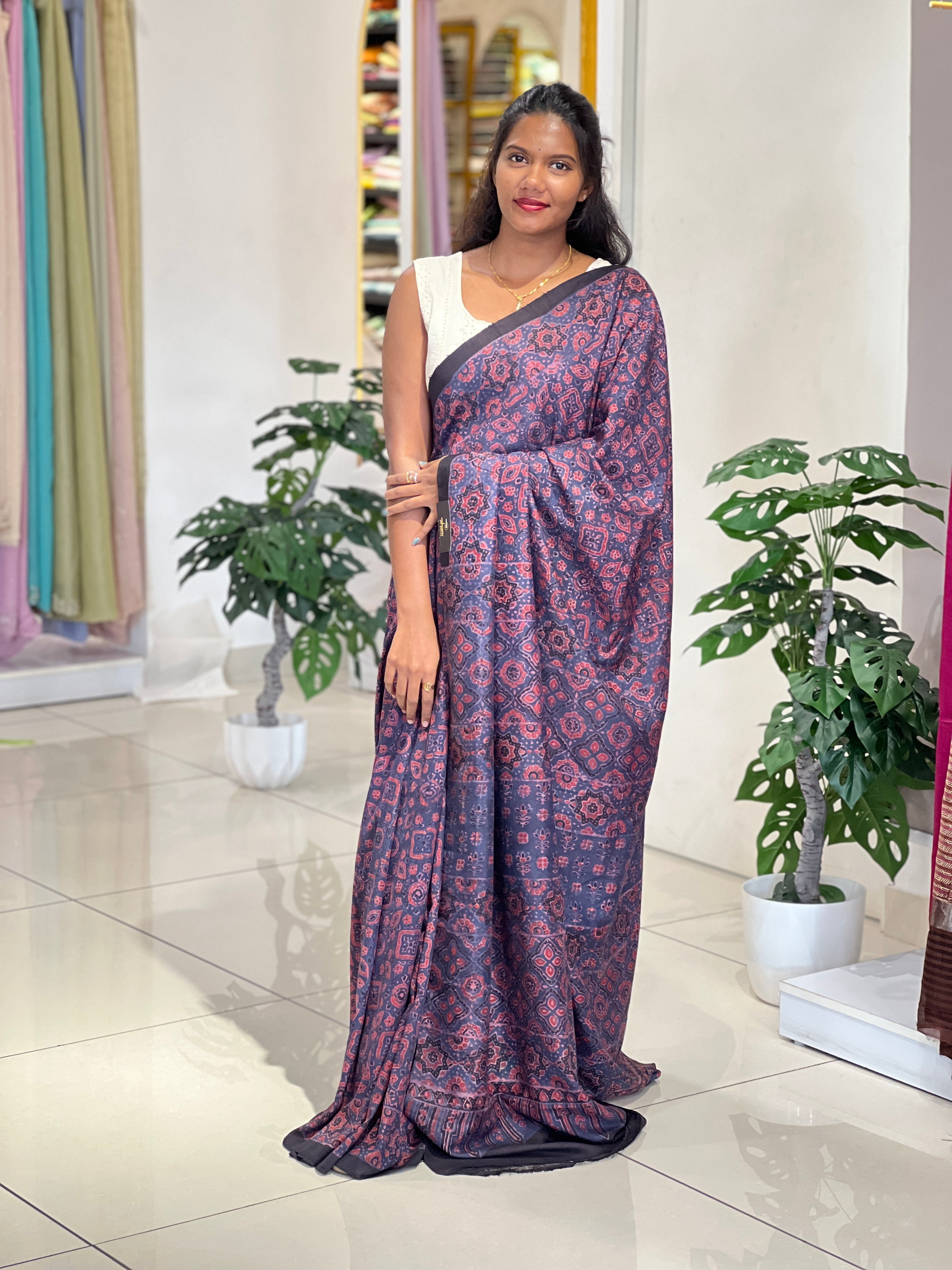 Ajrakh & Block Print Pure Tussar Saree |SBS1372