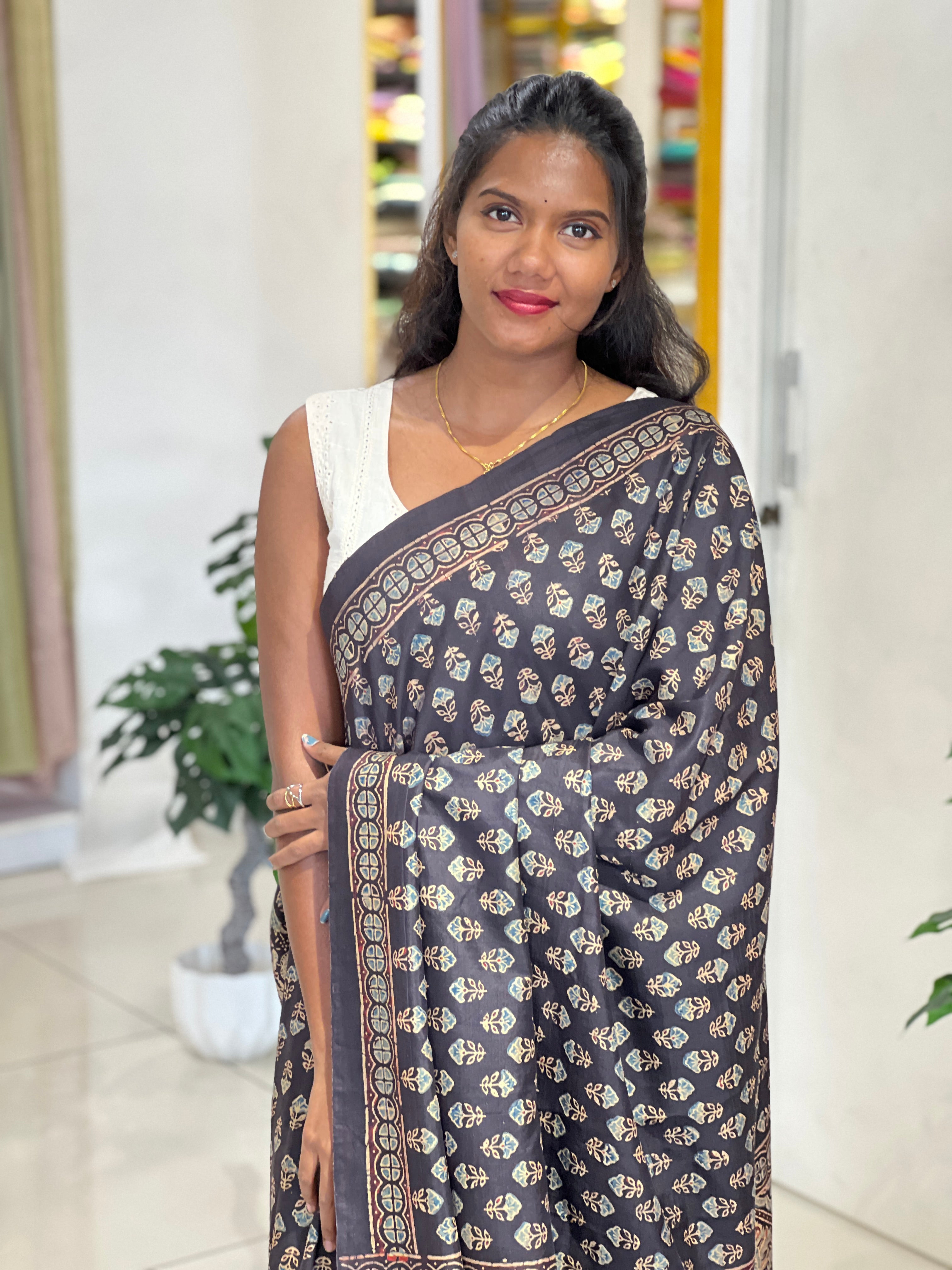 Ajrakh & Block Print Pure Tussar Saree |SBS1373