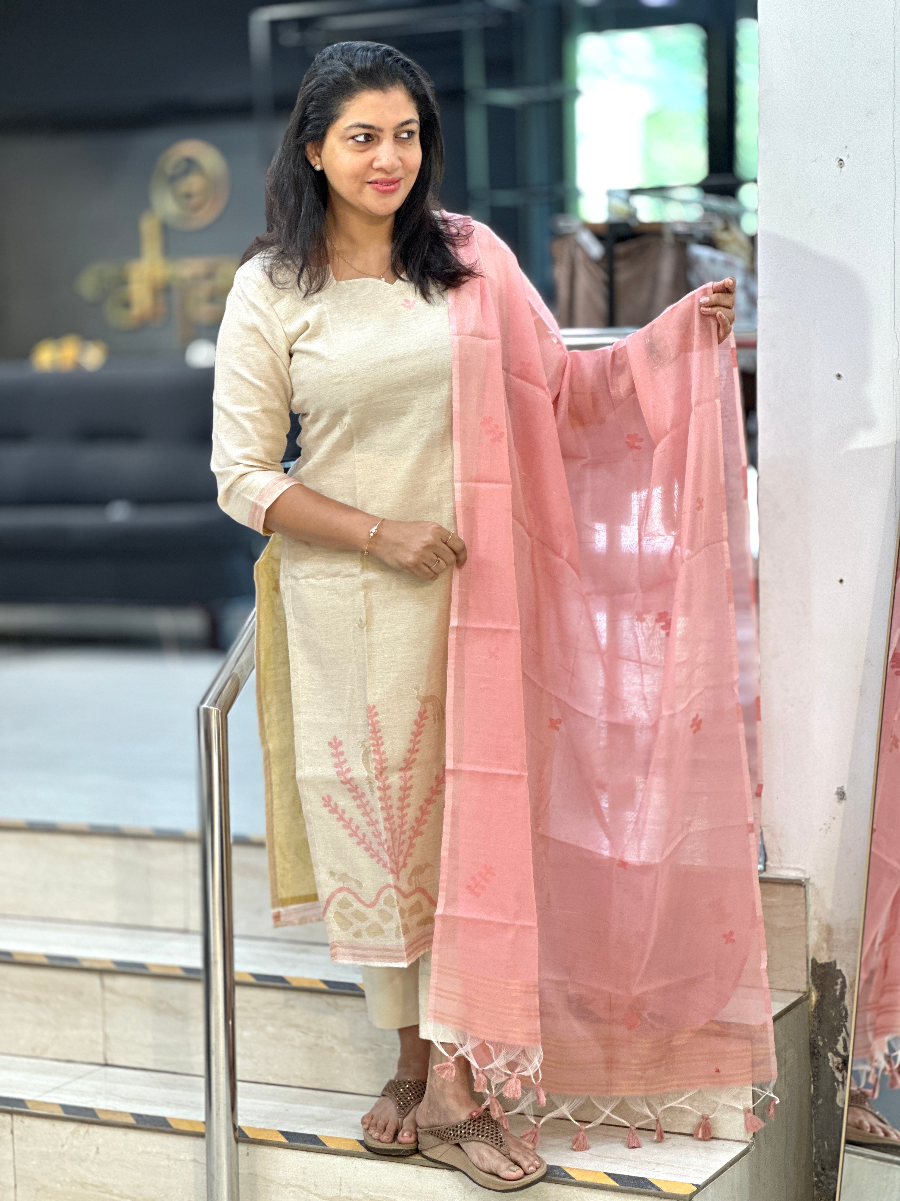 Jamdani Woven Chanderi-Linen Finish Unstitched Salwar Set | SSN464