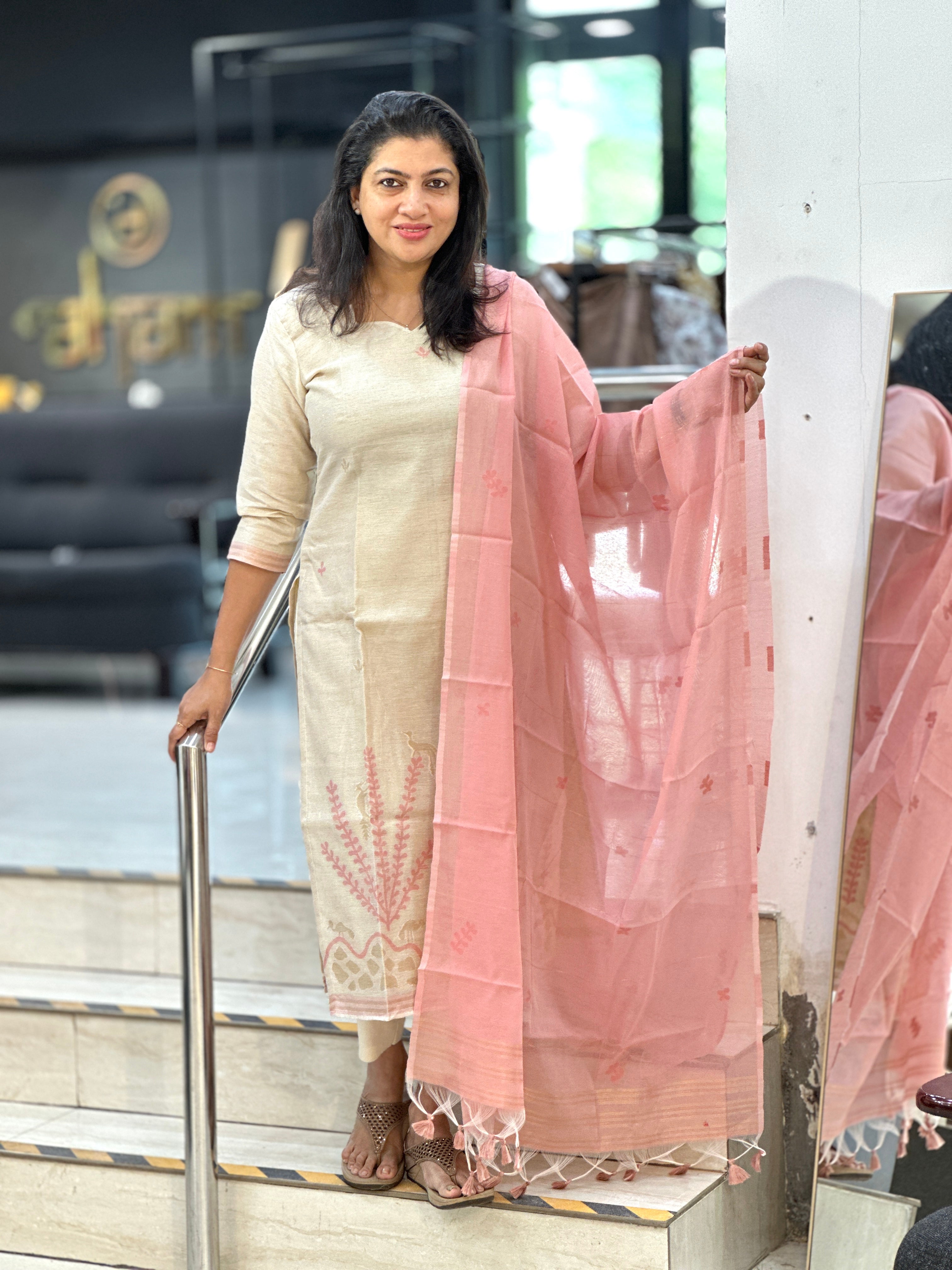 Jamdani Woven Chanderi-Linen Finish Unstitched Salwar Set | SSN464