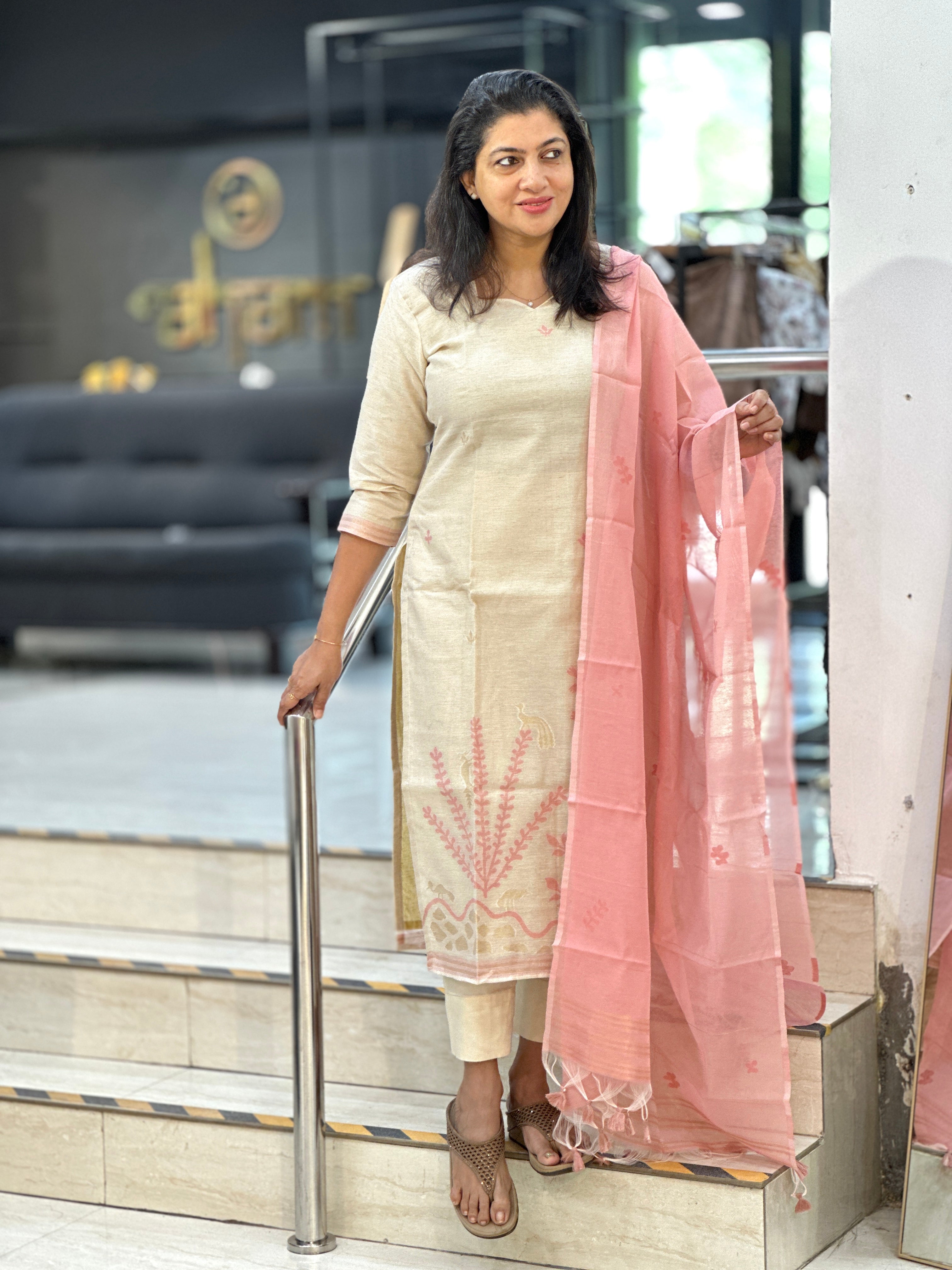 Jamdani Woven Chanderi-Linen Finish Unstitched Salwar Set | SSN464