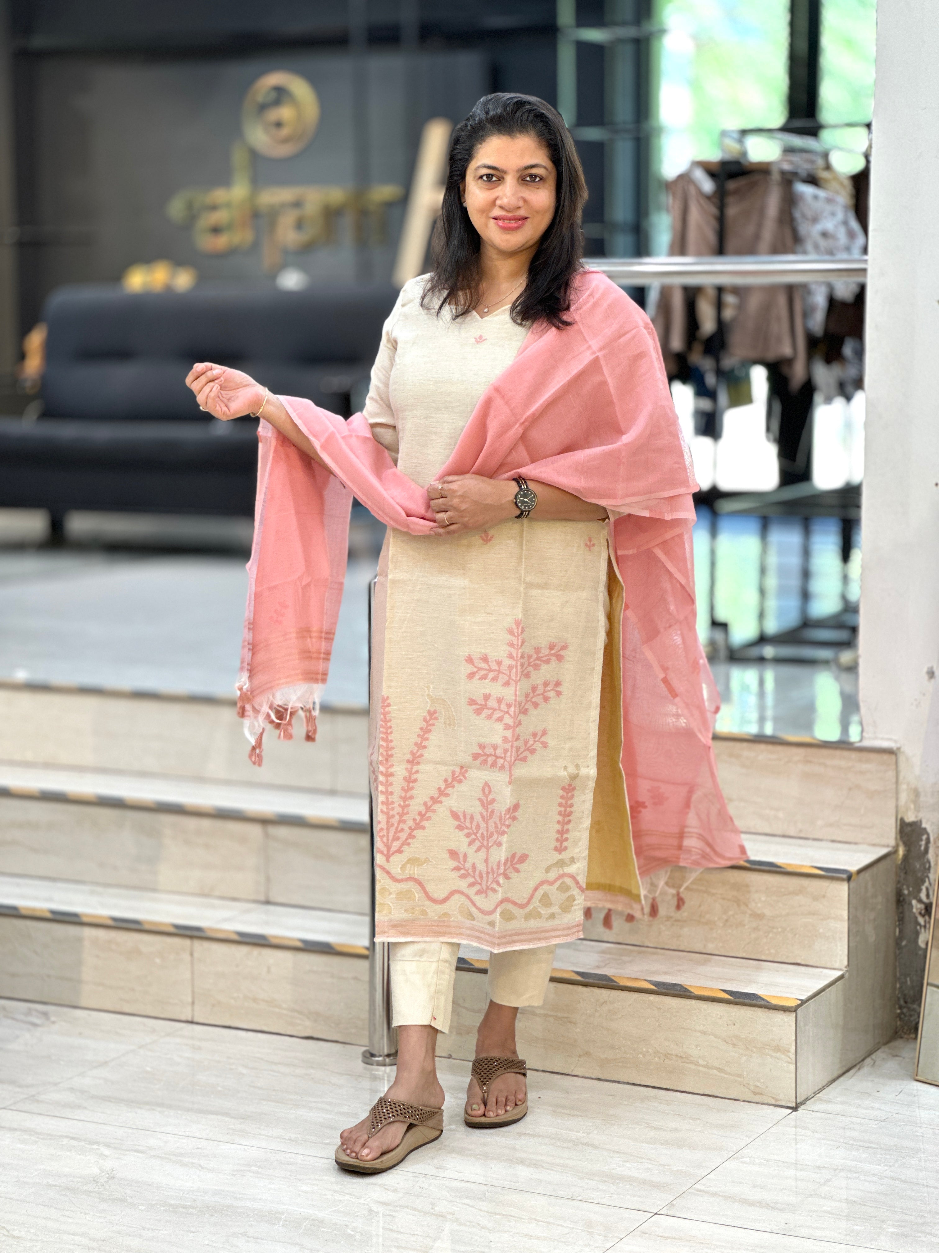 Jamdani Woven Chanderi-Linen Finish Unstitched Salwar Set | SSN464