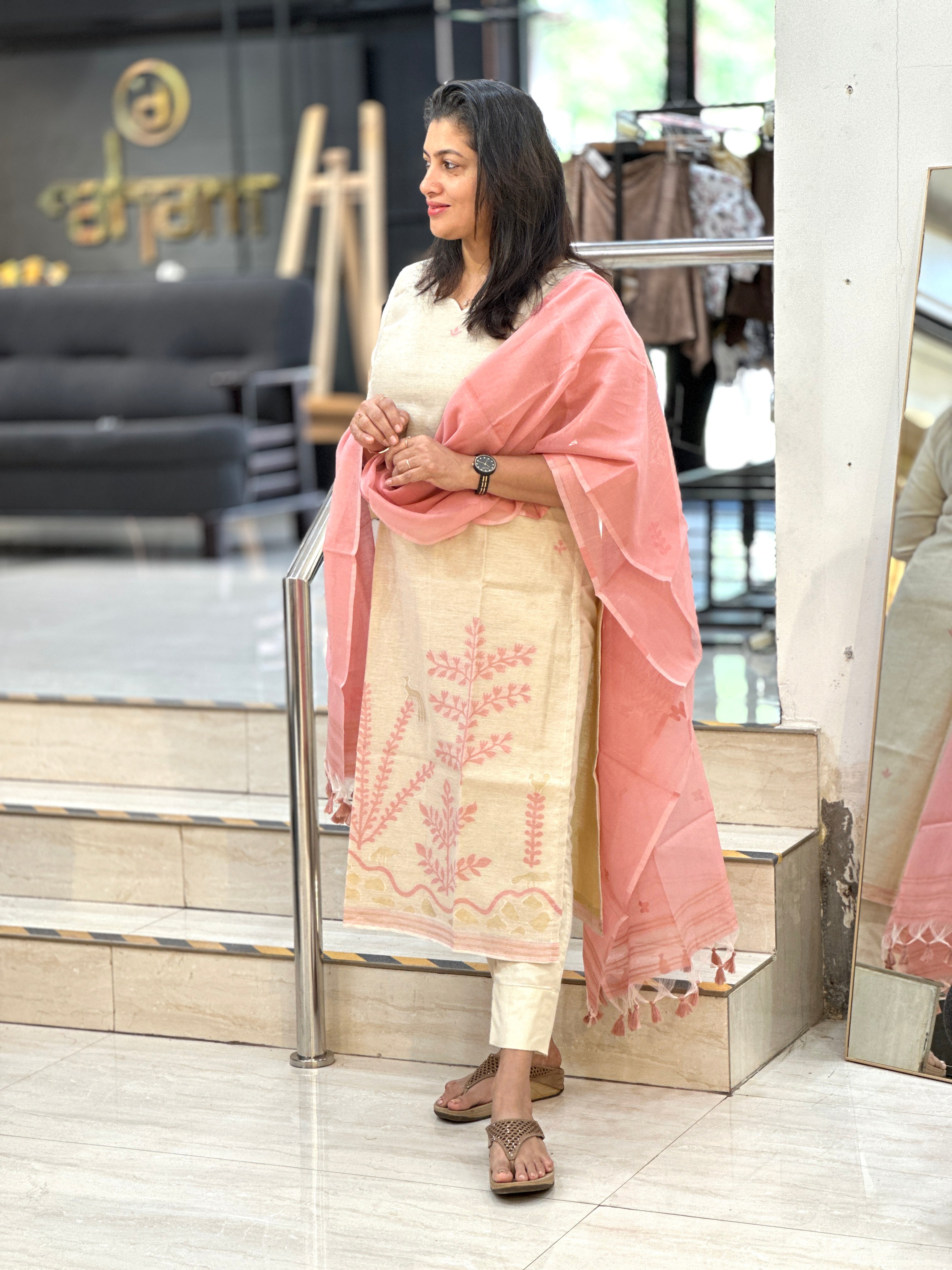 Jamdani Woven Chanderi-Linen Finish Unstitched Salwar Set | SSN464