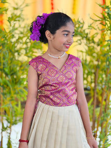 Brocade Patterned Banarasi Katan Handloom Unstitched Top & Skirt | ONK103