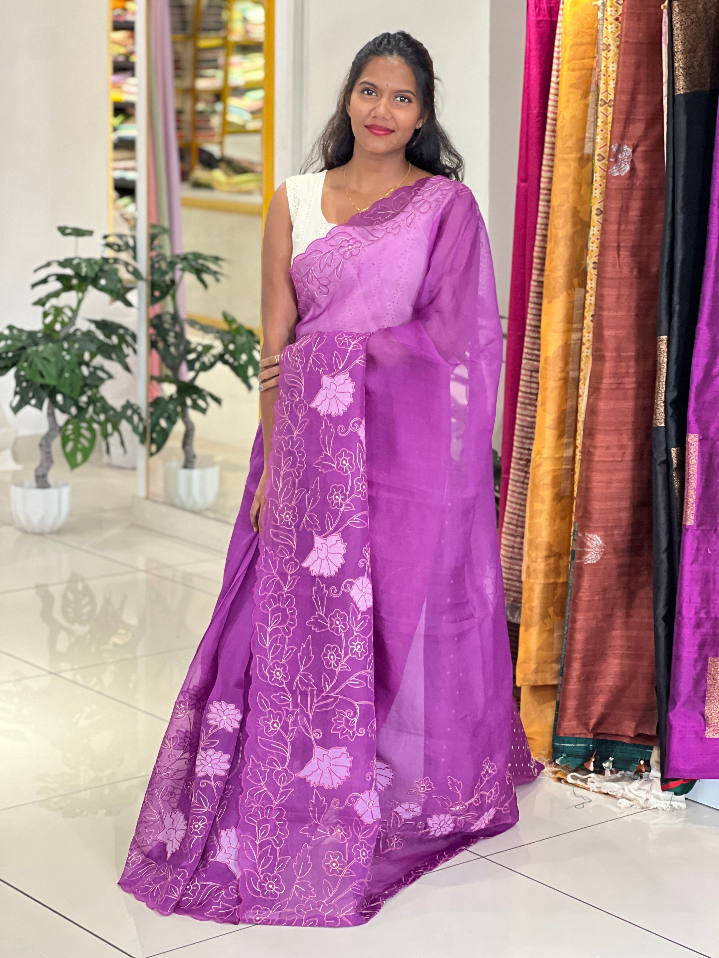 Floral Applique Work Organza Saree | MM166