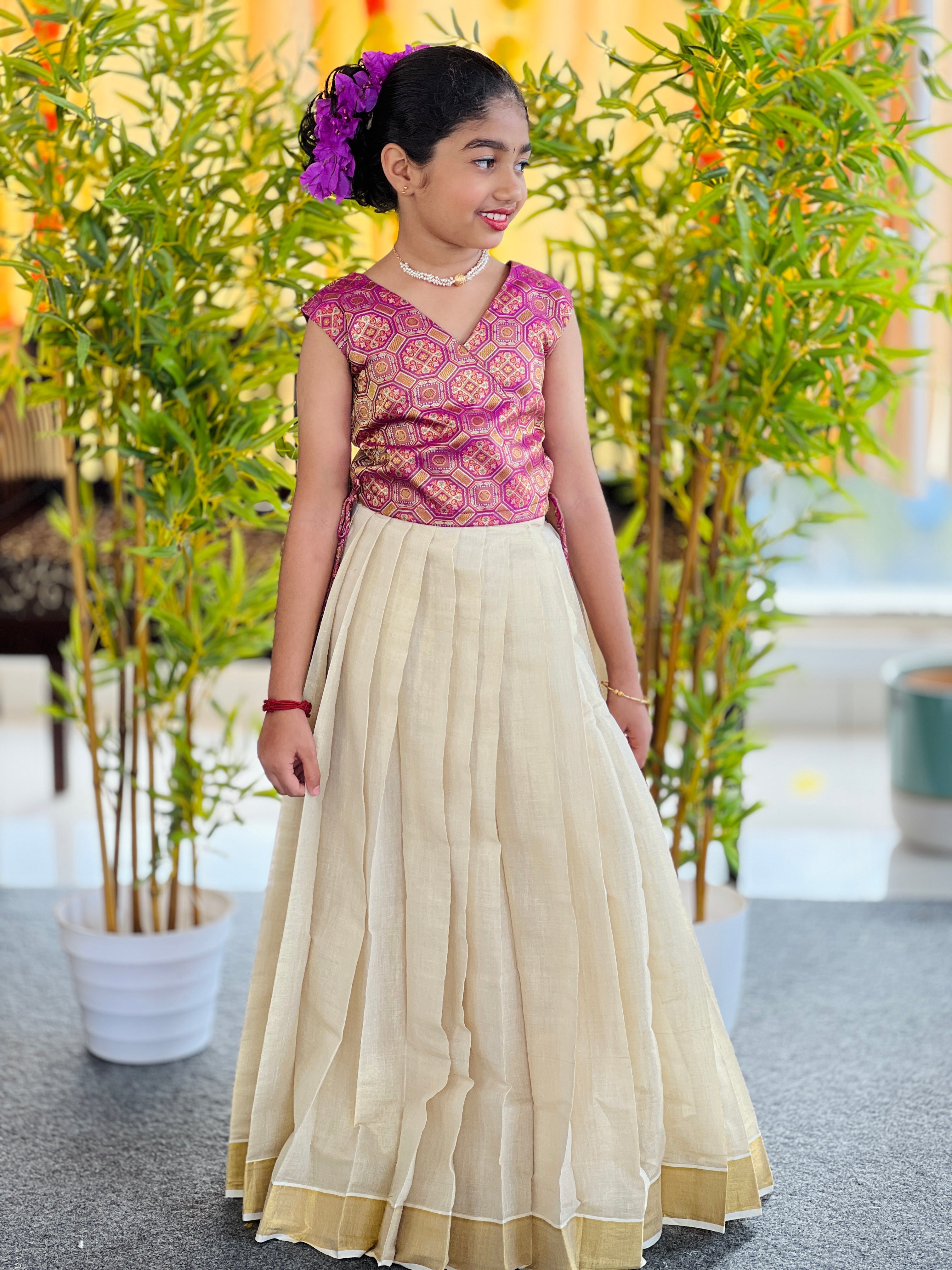 Brocade Patterned Banarasi Katan Handloom Unstitched Top & Skirt | ONK103
