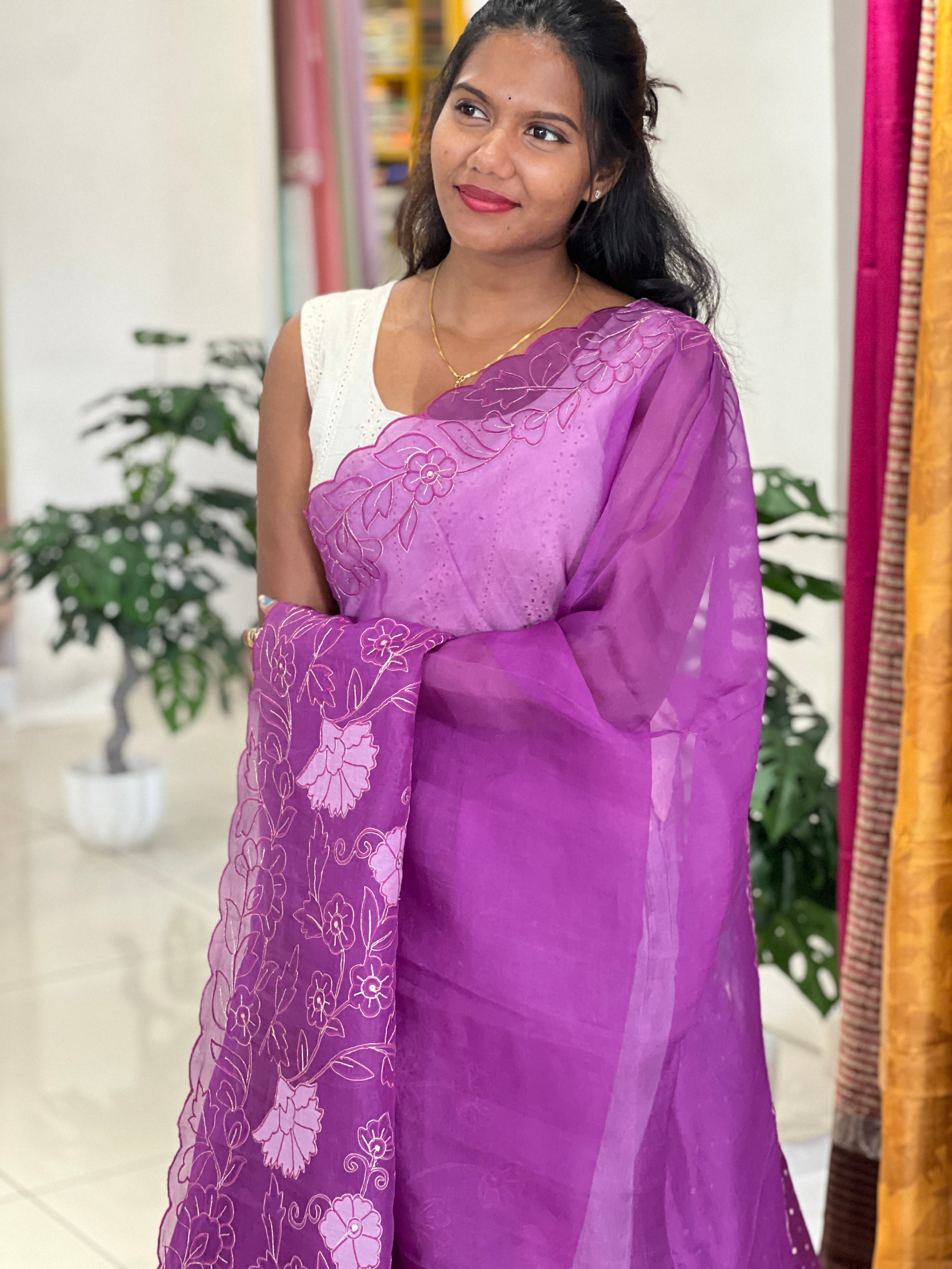 Floral Applique Work Organza Saree | MM166