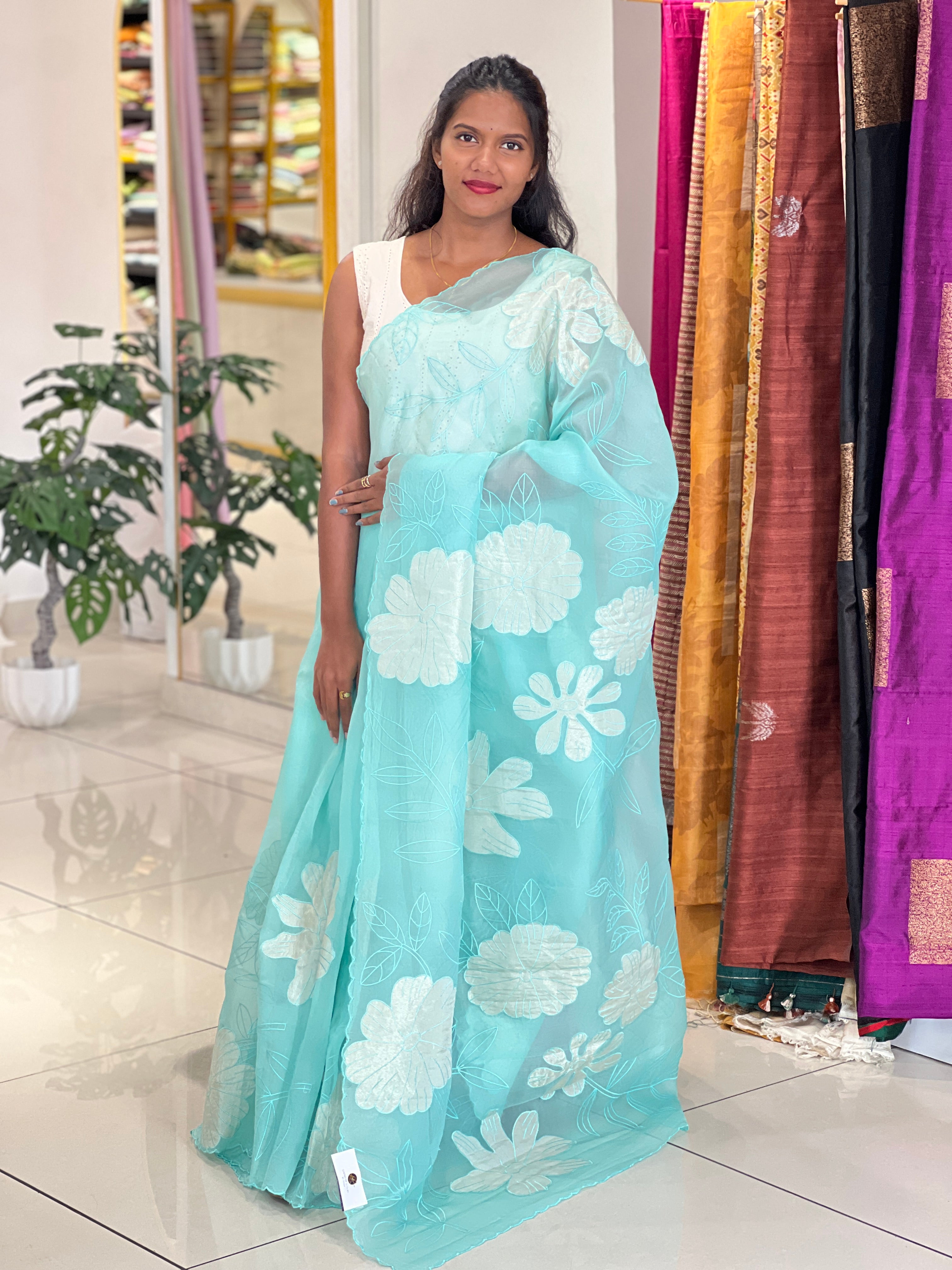 Floral Applique Work Organza Saree | MM204