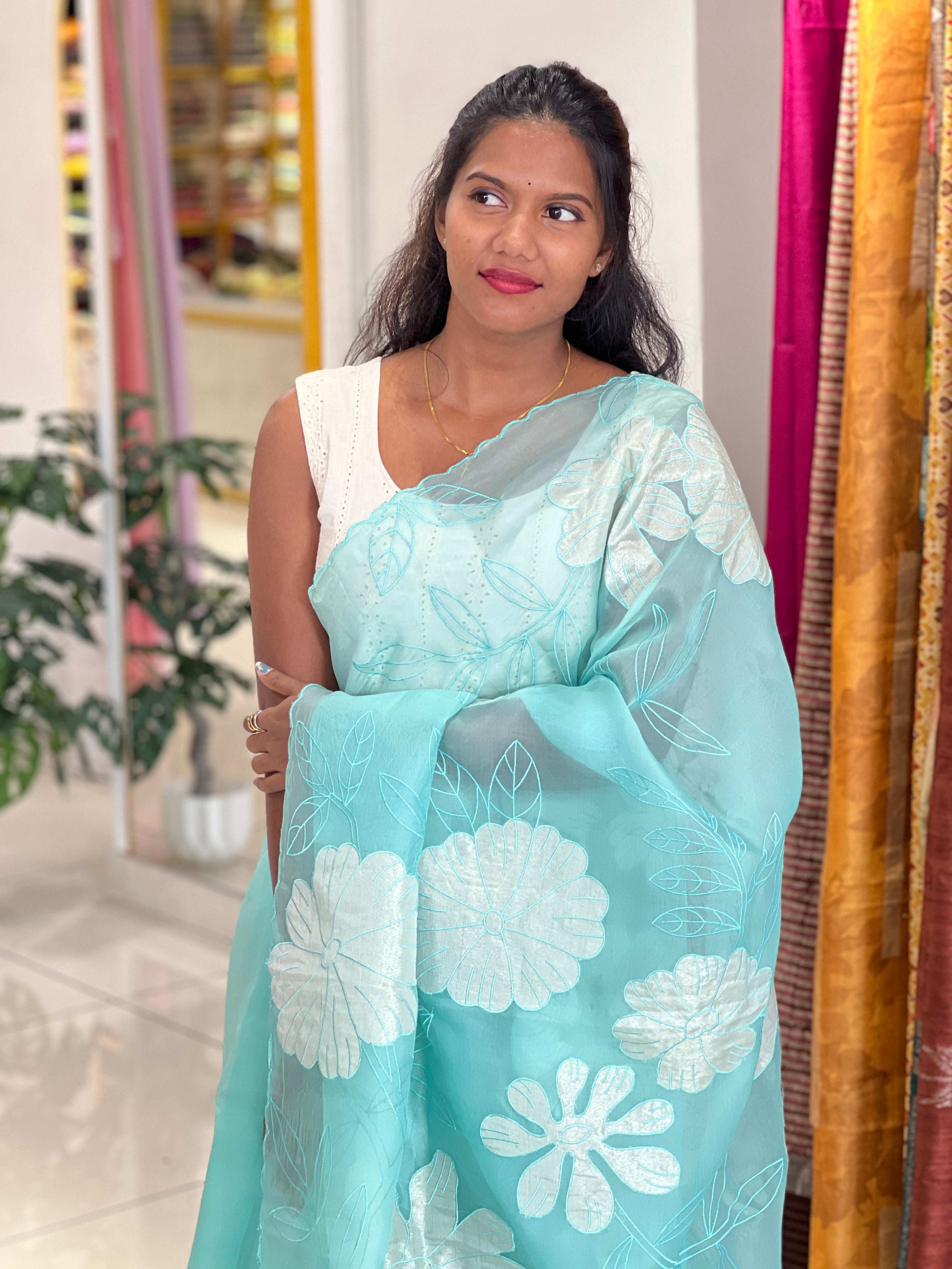 Floral Applique Work Organza Saree | MM204