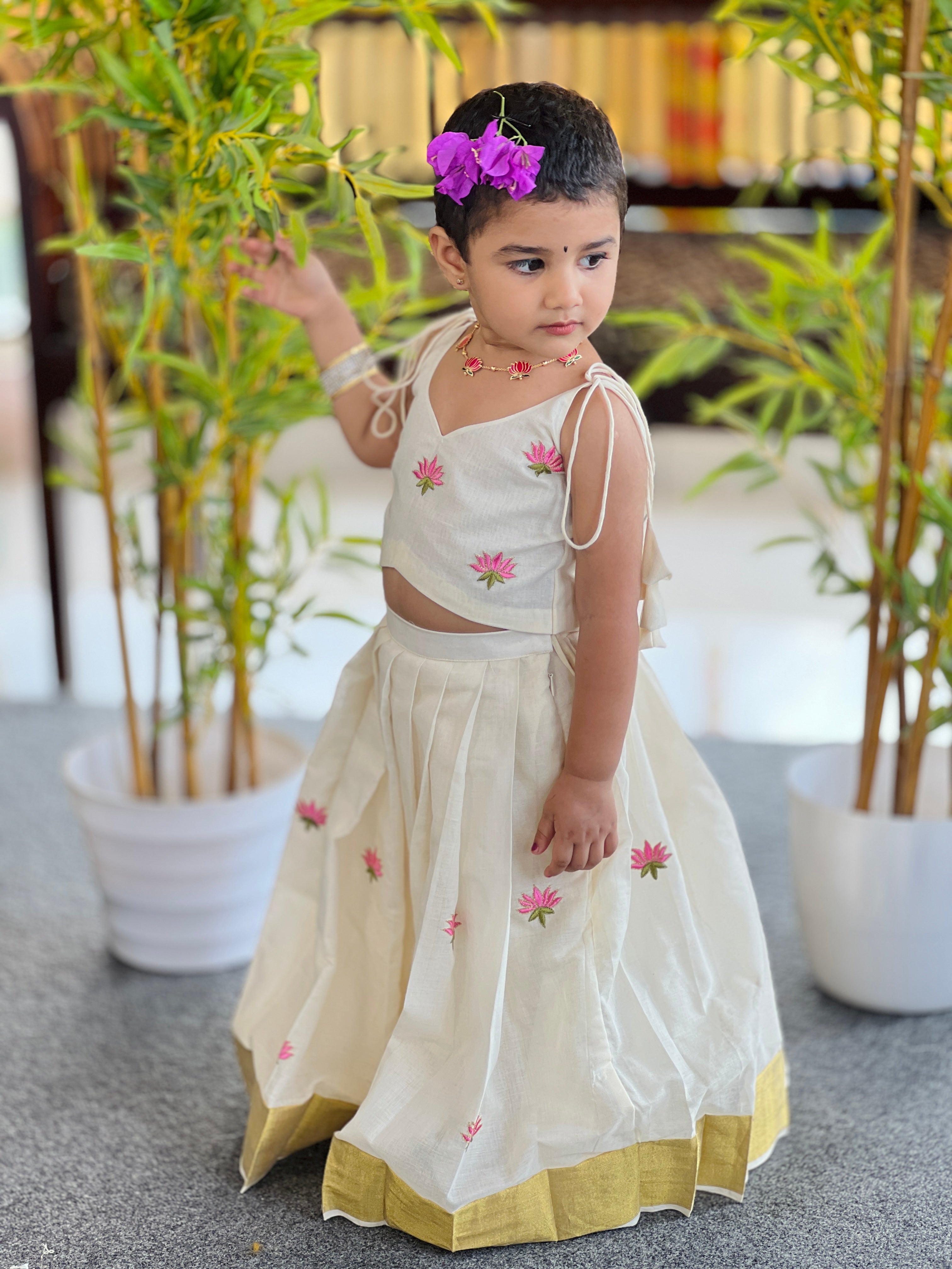 Lotus Embroidered Kerala Cotton Unstitched Skirt & Top | ONK101
