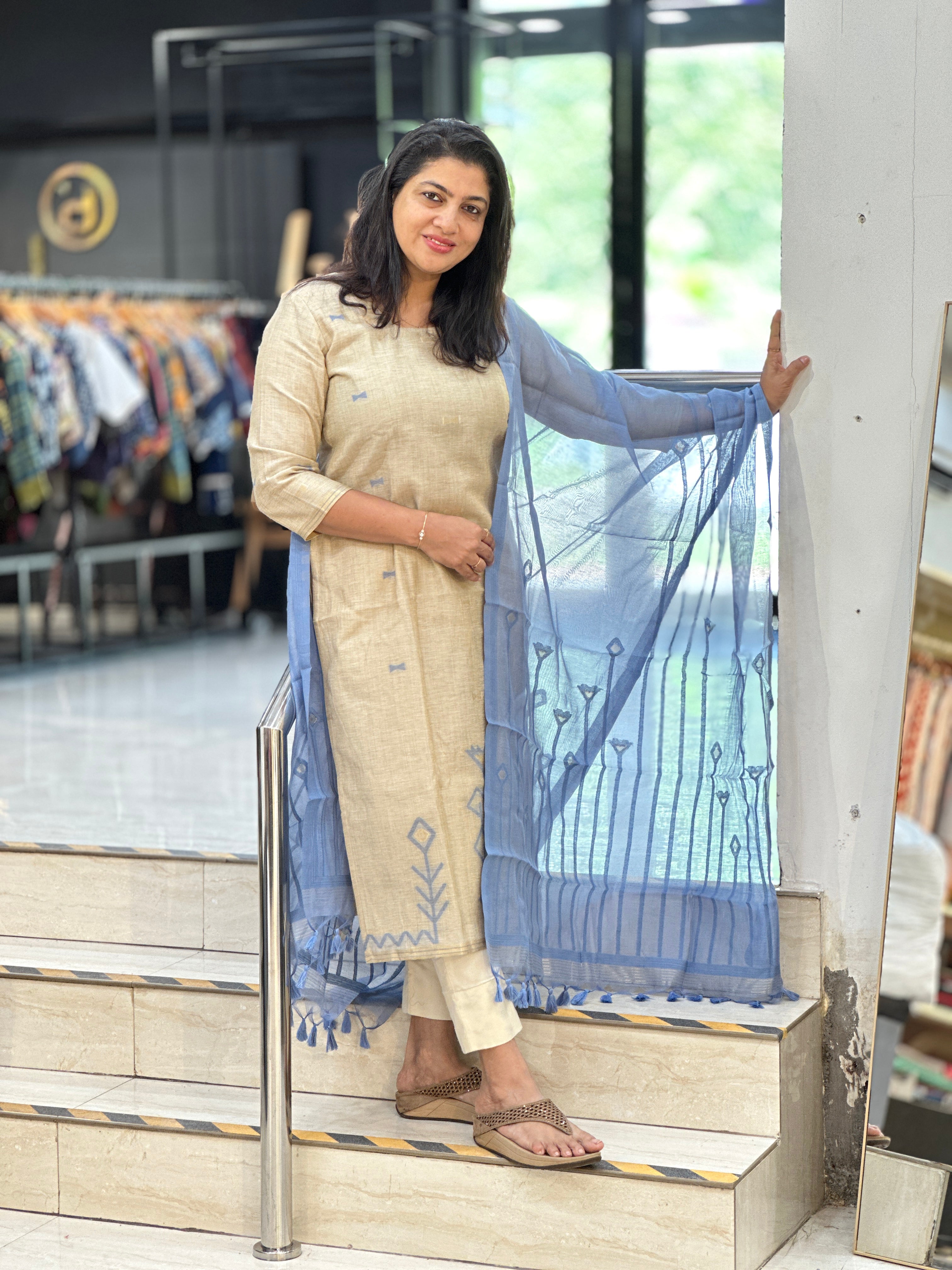 Jamdani Woven Chanderi-Linen Finish Unstitched Salwar Set | SSN465