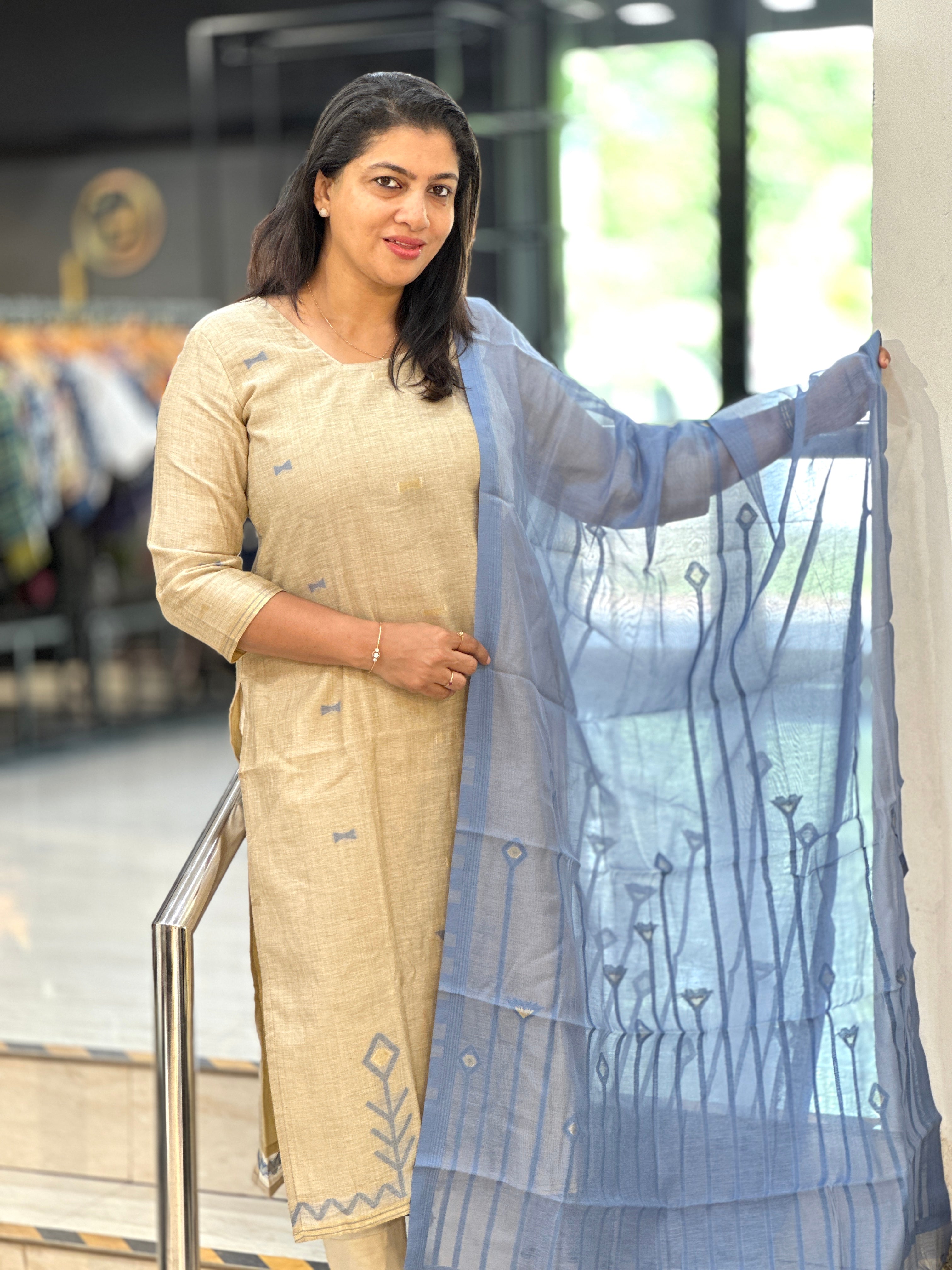 Jamdani Woven Chanderi-Linen Finish Unstitched Salwar Set | SSN465