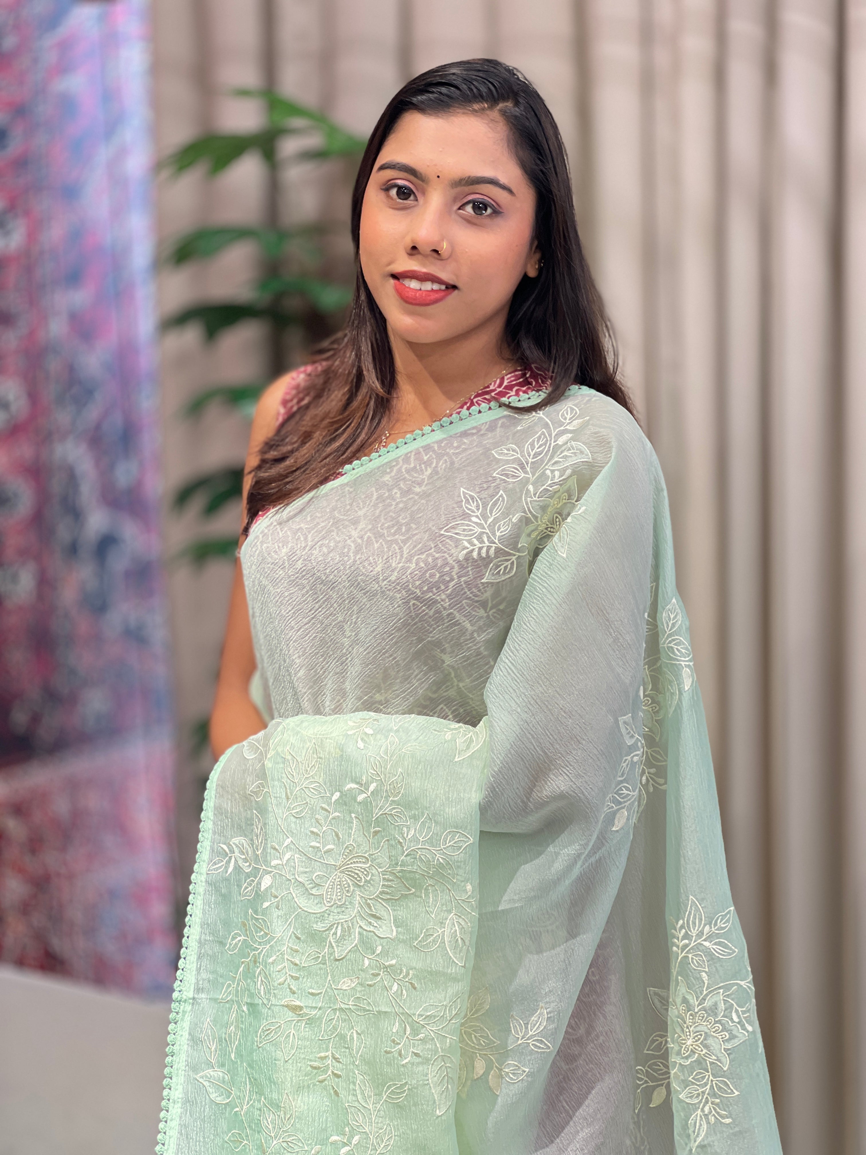 Floral Embroidered Crushed Organza Saree | BLD1661