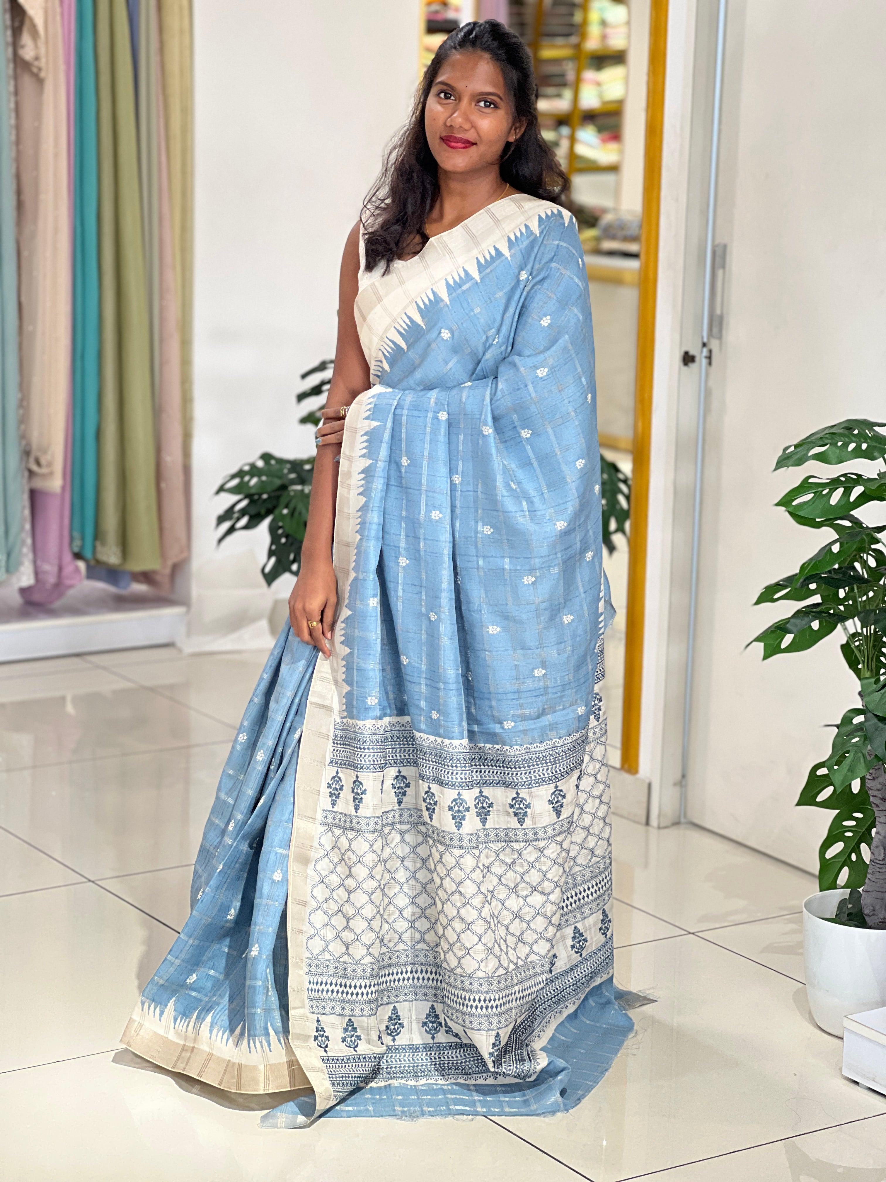 Machine Embroidery Semi Tussar Saree | SSN387